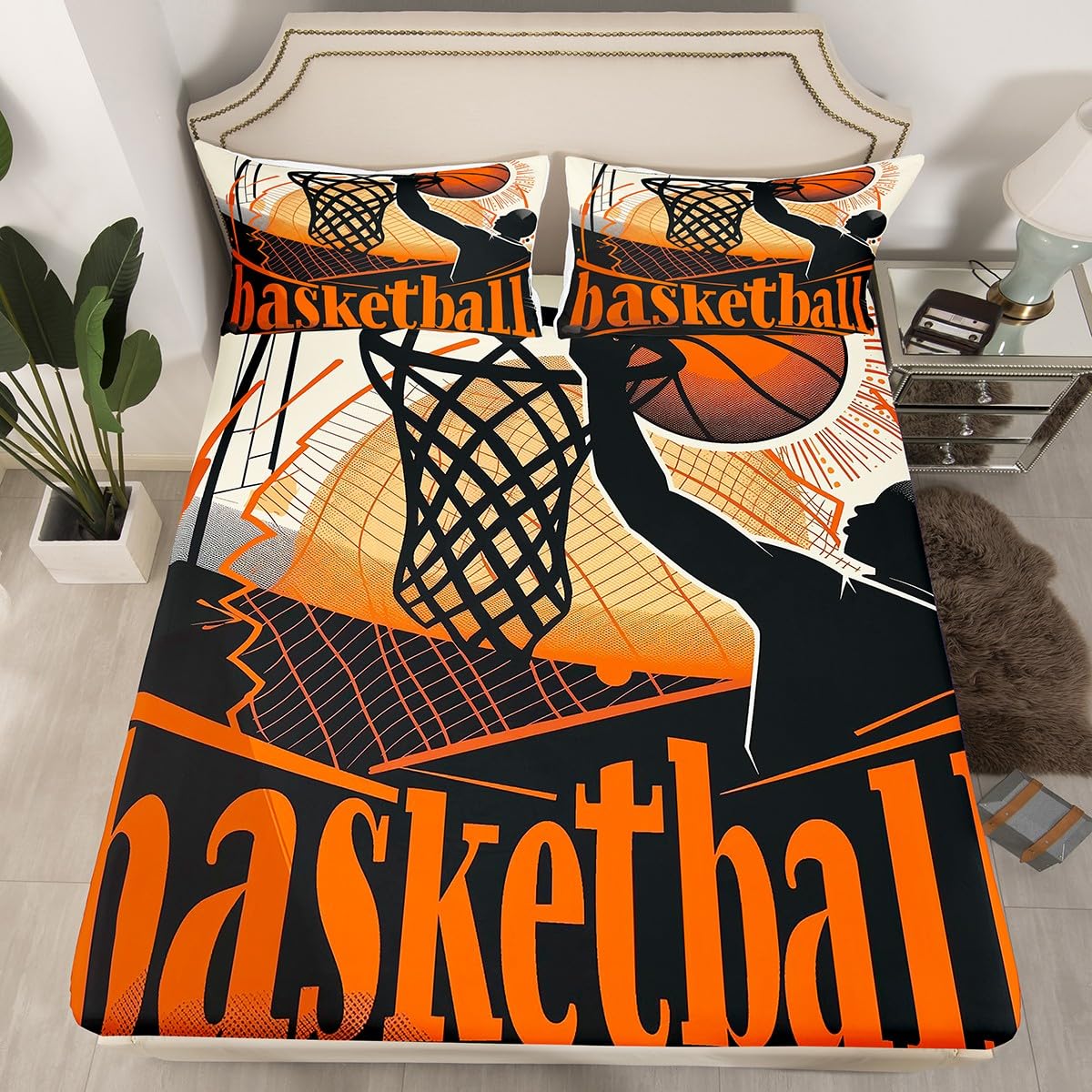 Manfei Basketball Fitted Sheet Queen Size, American Basketball Shooting Bedding Set 3pcs, Sports Theme Bed Cover with 2 Pillowcases, Kids Boys Teens Room Decor, Soft Bedding(No Top Sheet)