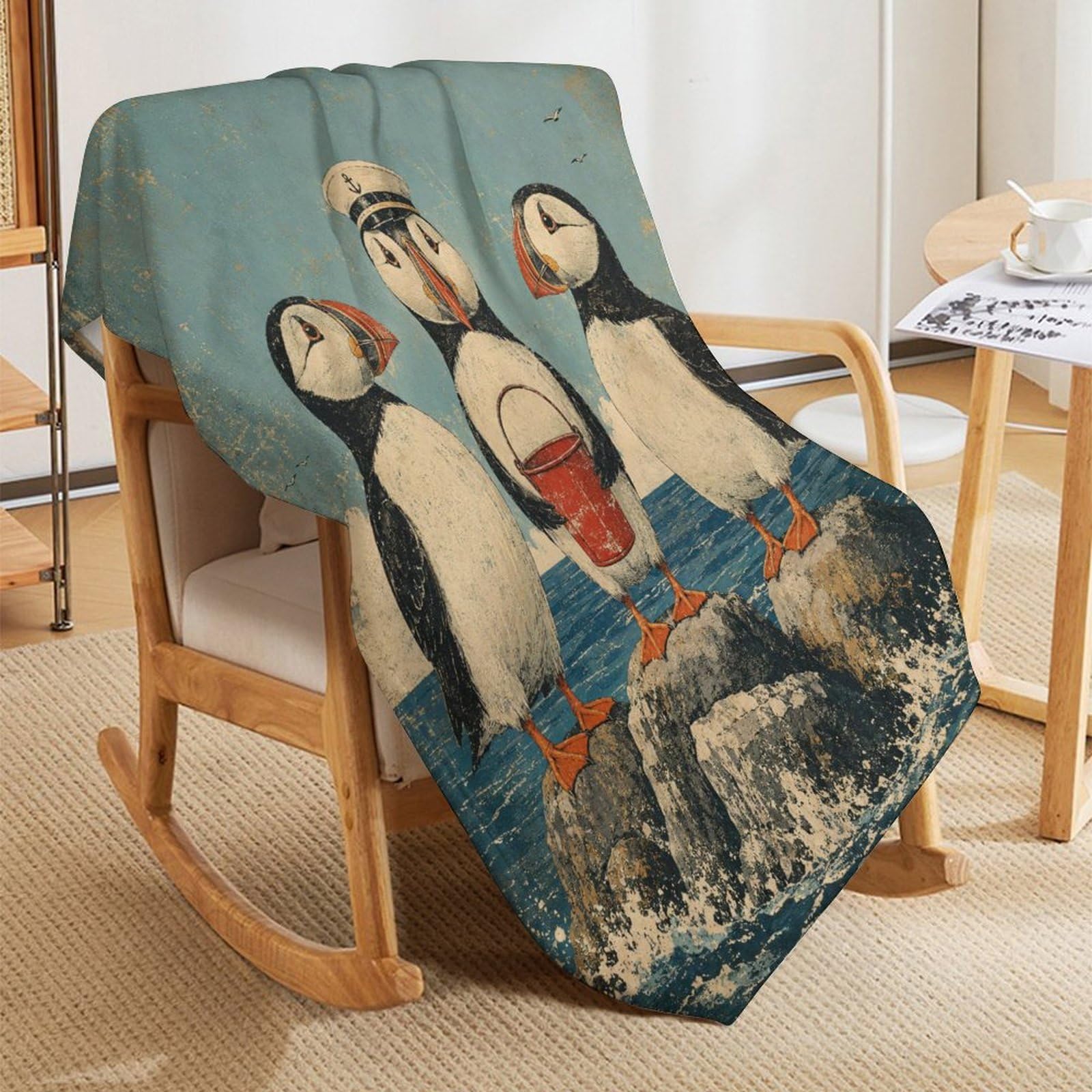 Trio di pulcinella di mare con secchio Coperta Coperta TV Calda | coperta divano morbida con Arte del libro di fiabe e Illustrazione carina per bambini, per divano, letto, 175x200cm(70x80in)