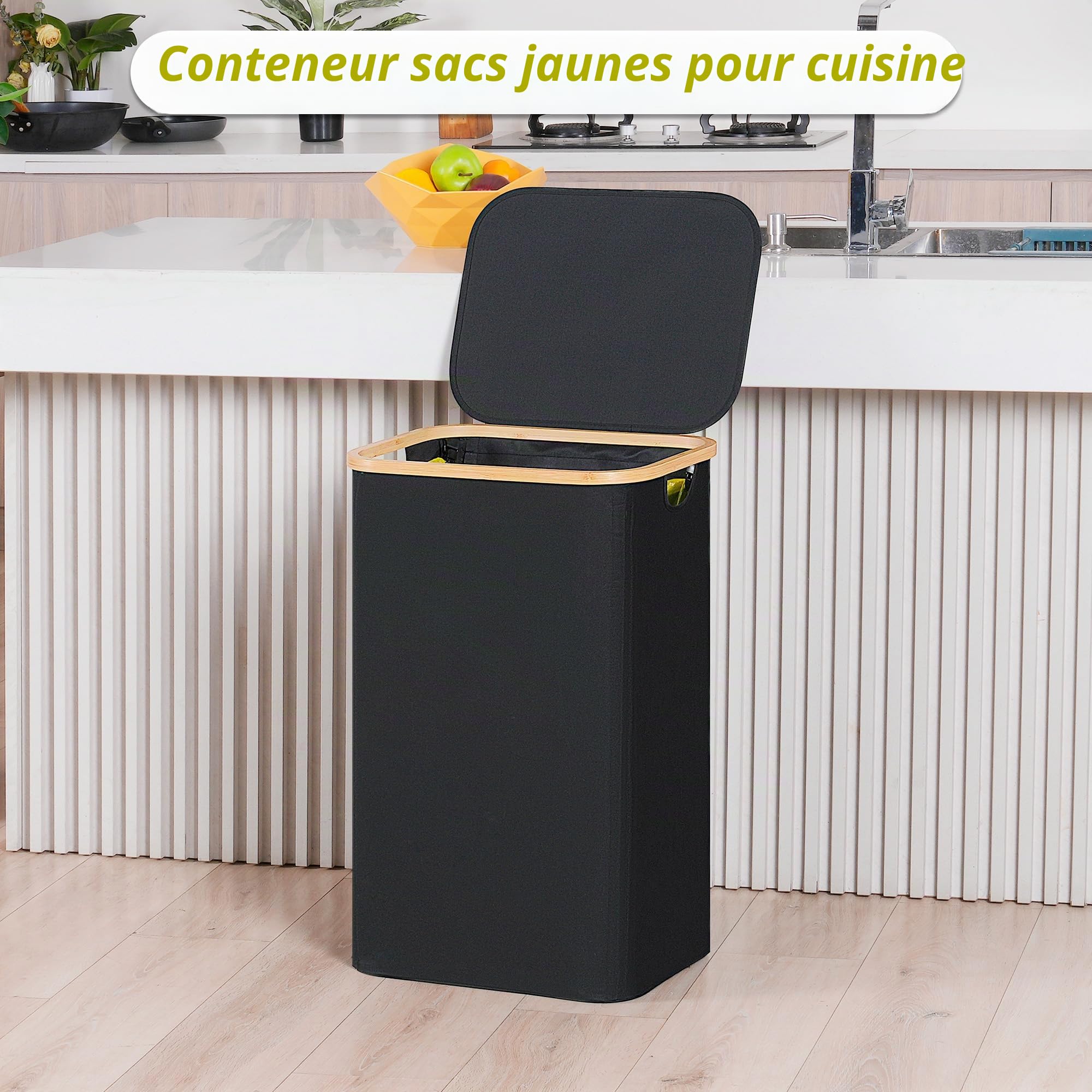 efluky Support pour sac poubelle jaune 100 l, avec couvercle, support pour sacs jaunes, retrait facile grâce à la porte à l'arrière, récipient pour cuisine et maison [sans poche intérieure] - Noir