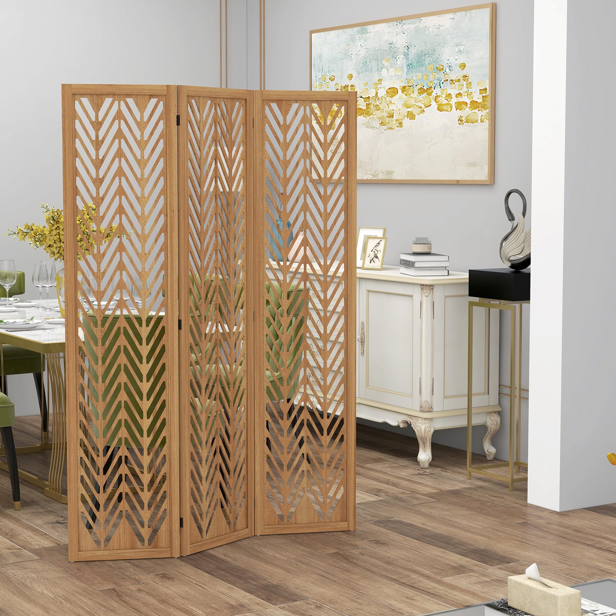 HOMCOM Biombo de 3 Paneles Separador de Ambientes Plegable 120x1,7x170 cm Divisor de Habitación de Madera con Patrones Geométricos para Oficina Dormitorio Natural