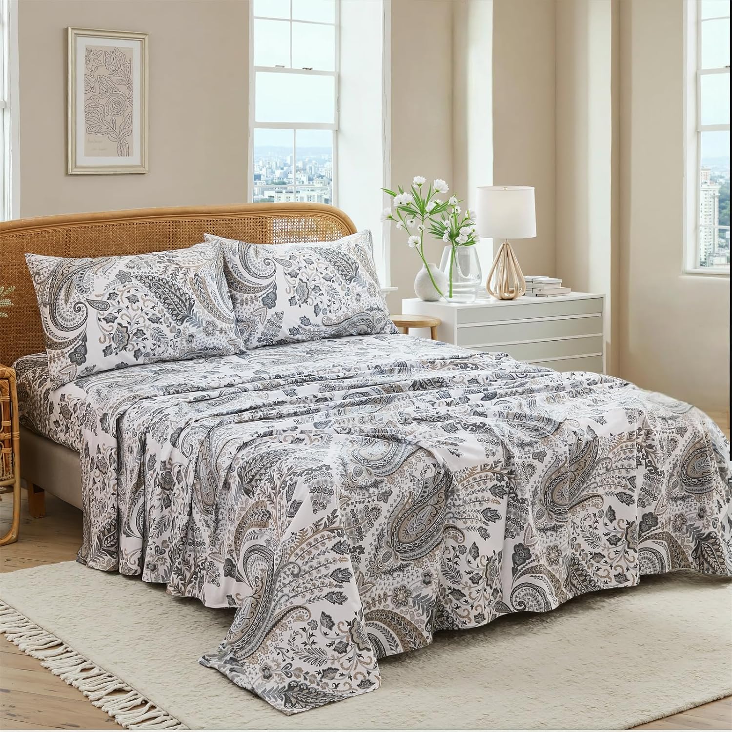 100% Cotton Sheet Set Queen Size – 4-Piece Luxury Grey Paisley Bedding Set, Extra Soft Breathable Percale Weave, Deep Pocket Fitted Sheet 17.5", Crisp Cool Feel Bed Sheet