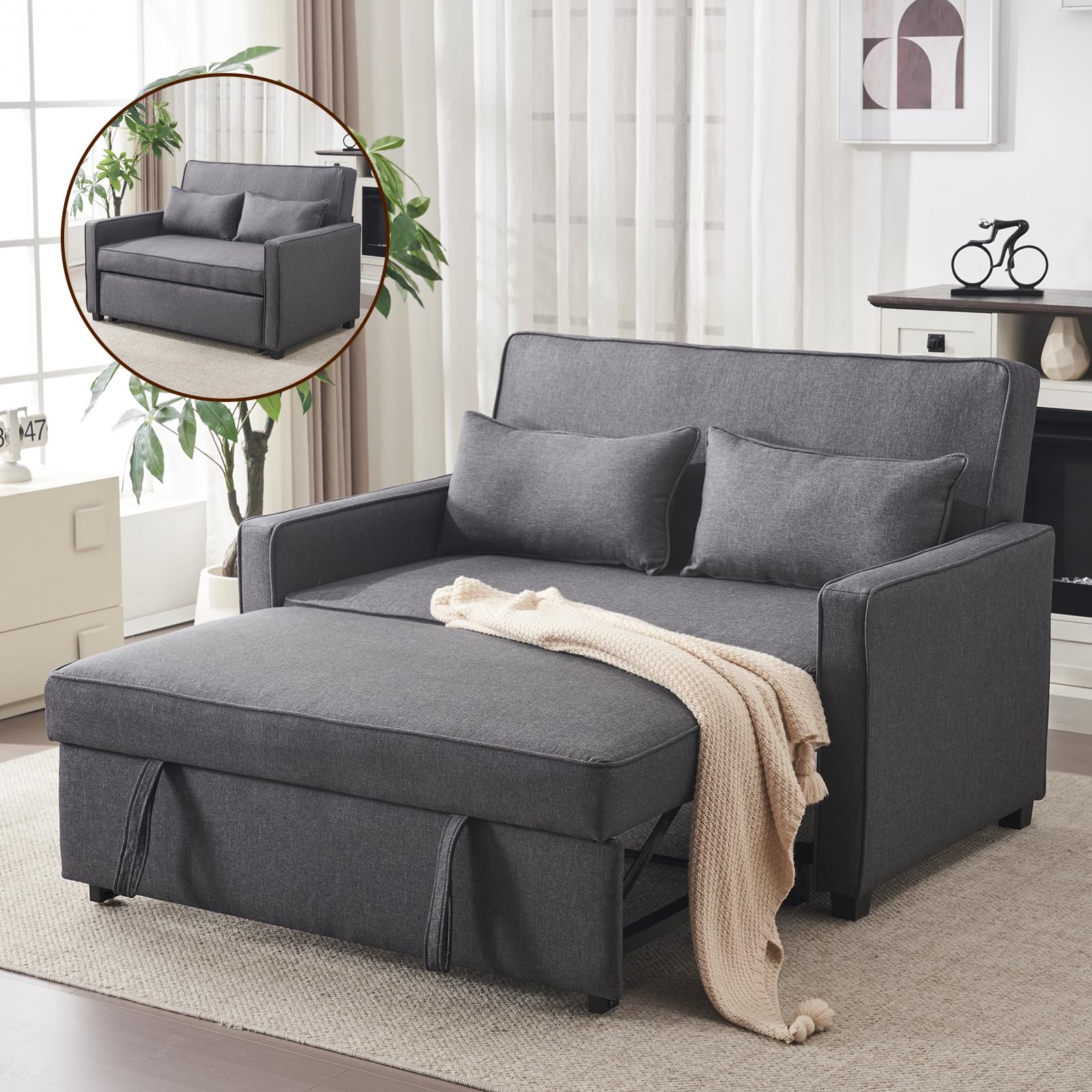 Furnimart Sleeper Sofa with Pull-Out Bed, 3 in 1 Convertible Sofa Bed, 53 Inch Futon Couch with Adjustable Backrest and Pillows, Loveseat for Living Room Apartment Small Space, Gray