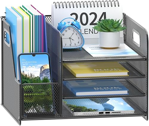 Organizador de escritorio de malla de 4 niveles con soporte para archivos, organizador de suministros de oficina para accesorios de espacio de