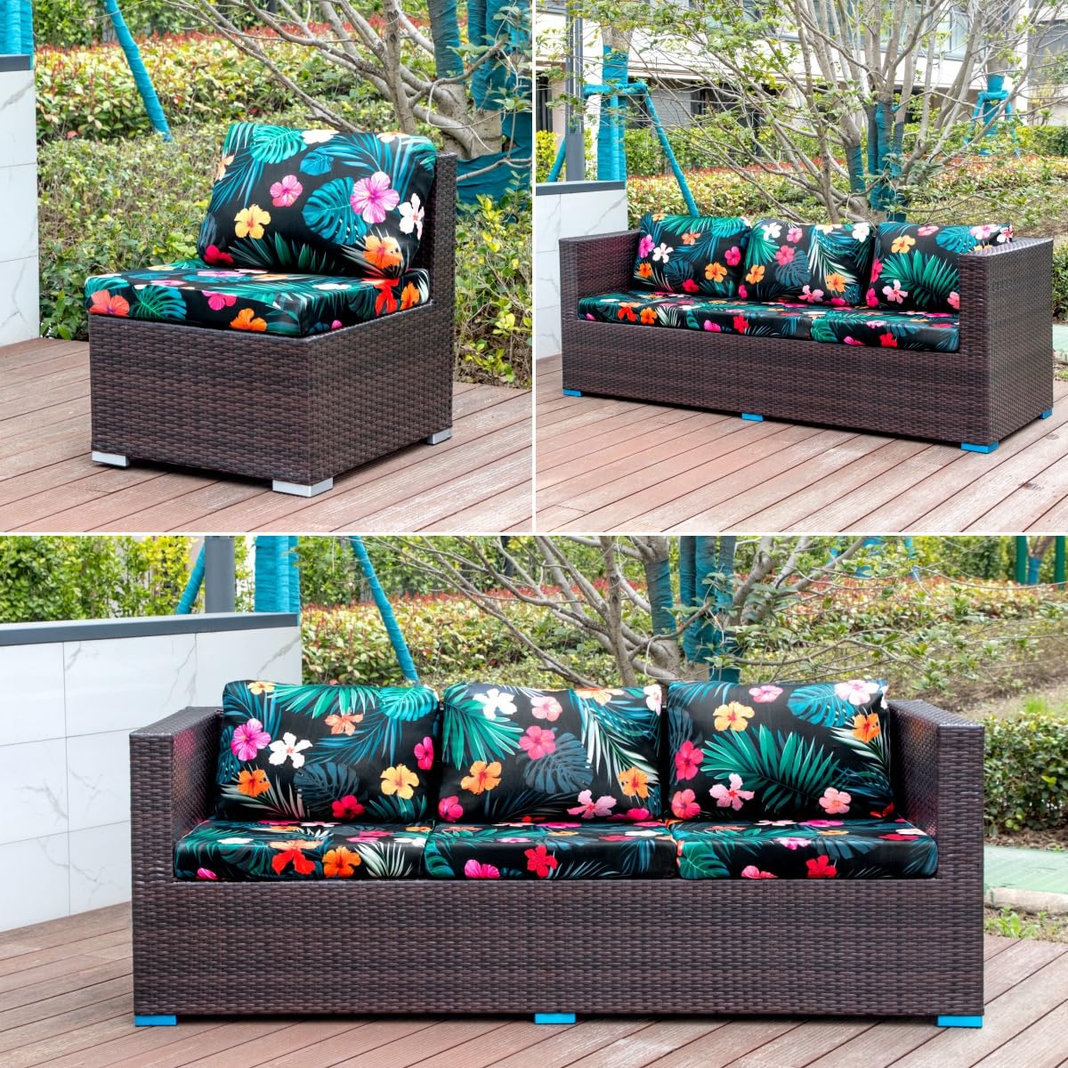 Hiseng Housses de Coussin d'extérieur Remplacement Imprimé Fleurs Feuilles Tropicales Extensible Housses de Coussin de Siège Canapé pour Salon de Jardin, Meubles de Terrasse (Style 5,8 pièces)