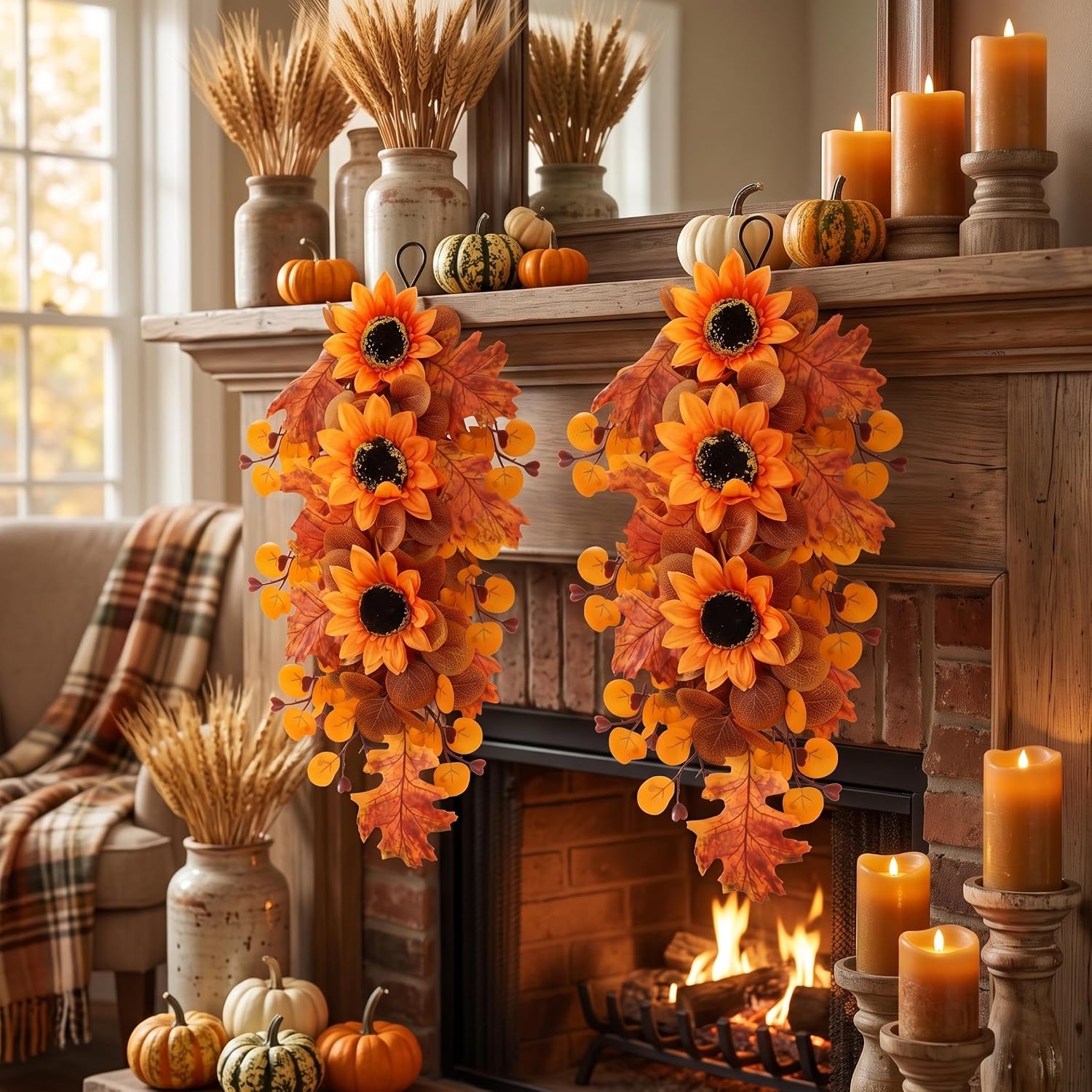 Fall Porch Decor, 2 Pack Fall Sunflower Swags for Front Door, Orange