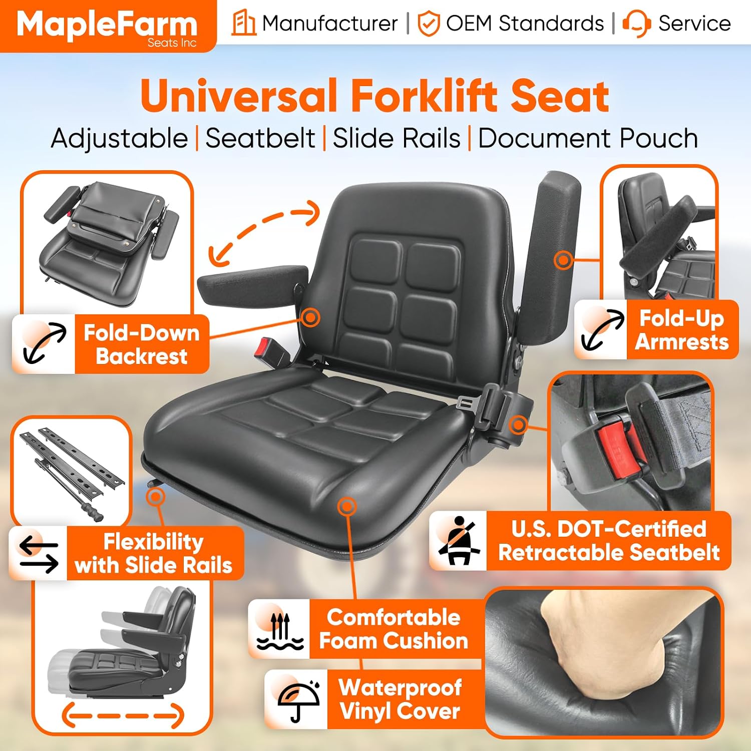 MFS Universal Folding Forklift Lawn Tractor Seat with Retractable Seatbelt, Waterproof Cover Soft Cushion Equipment Accessory Part Seat Replacement Fits Garden Riding Lawn Mower Skid Steer Truck - 355