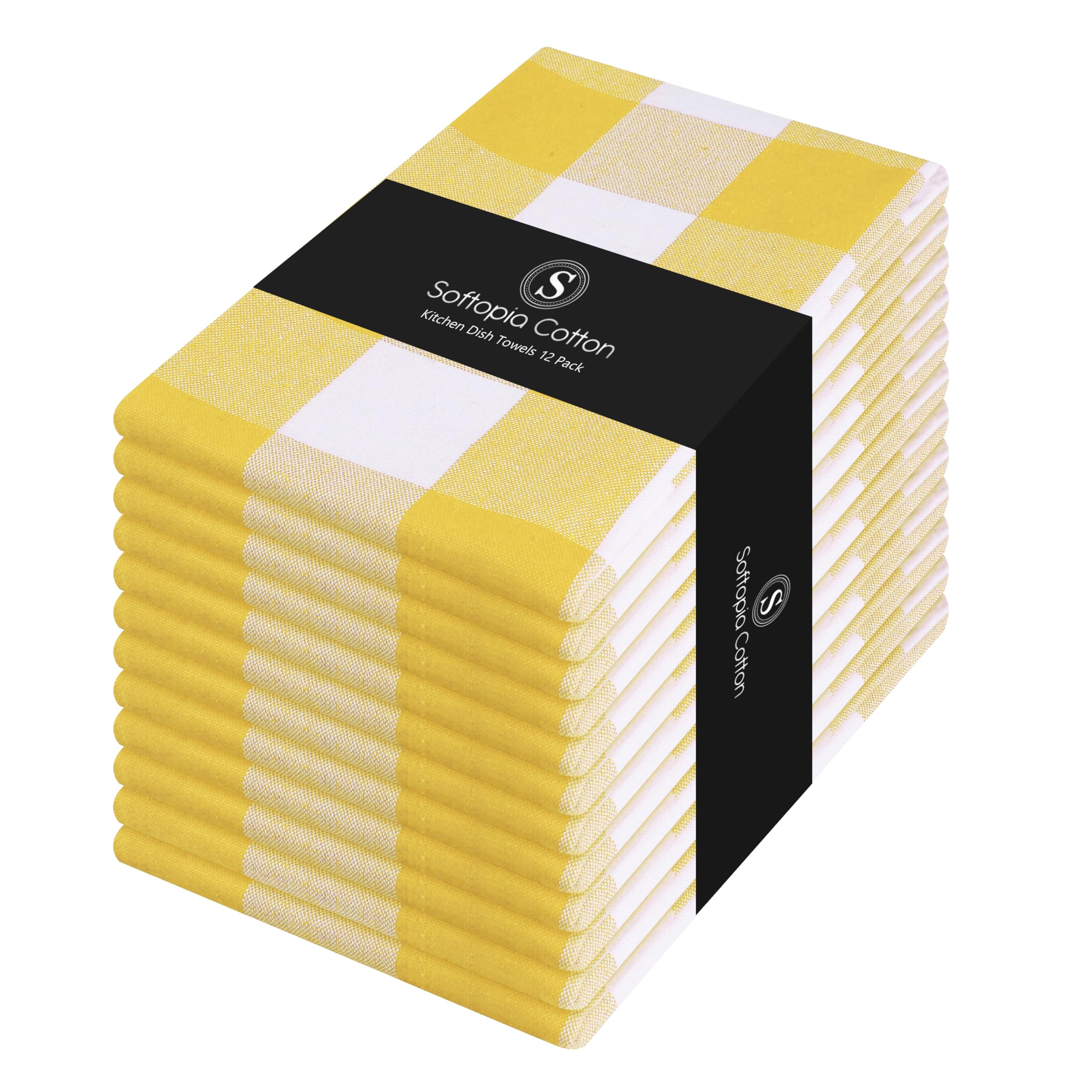 Buffalo Check Kitchen Towels, 16x26 Inches, 12 Pack Plaid Tea Towels, Reusable Cotton Dish Cloths, Quick Drying, Absorbent Towel for Cooking, Drying Dishes, Lemon Yellow and White