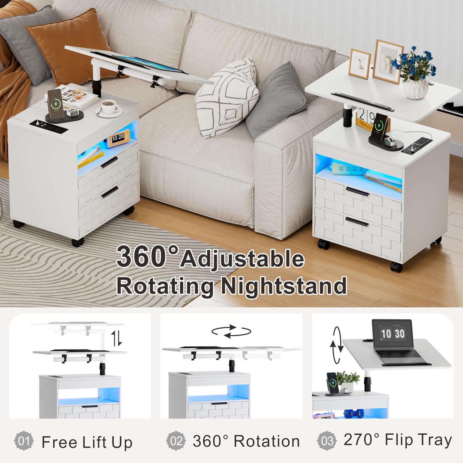 Height Adjustable Nightstand with Charging Station, LED Bedside Table 2 Drawers, Smart Wooden End Table Dorm Rolling Side Table Laptop Workstaion with Wheels for Bedroom, White