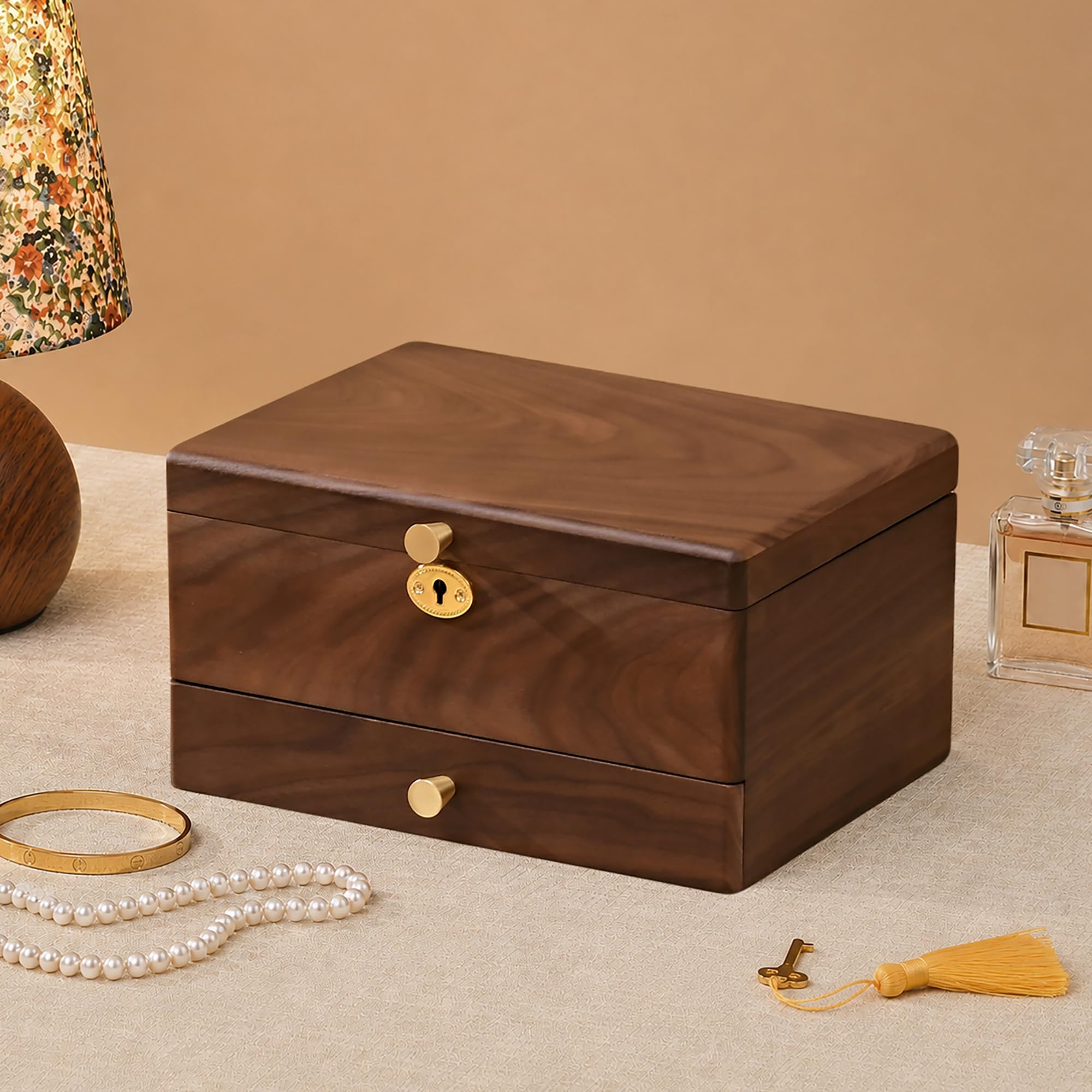 Black Walnut Lockable Jewelry Box, 3 Layer Wooden Organizer Case for Women