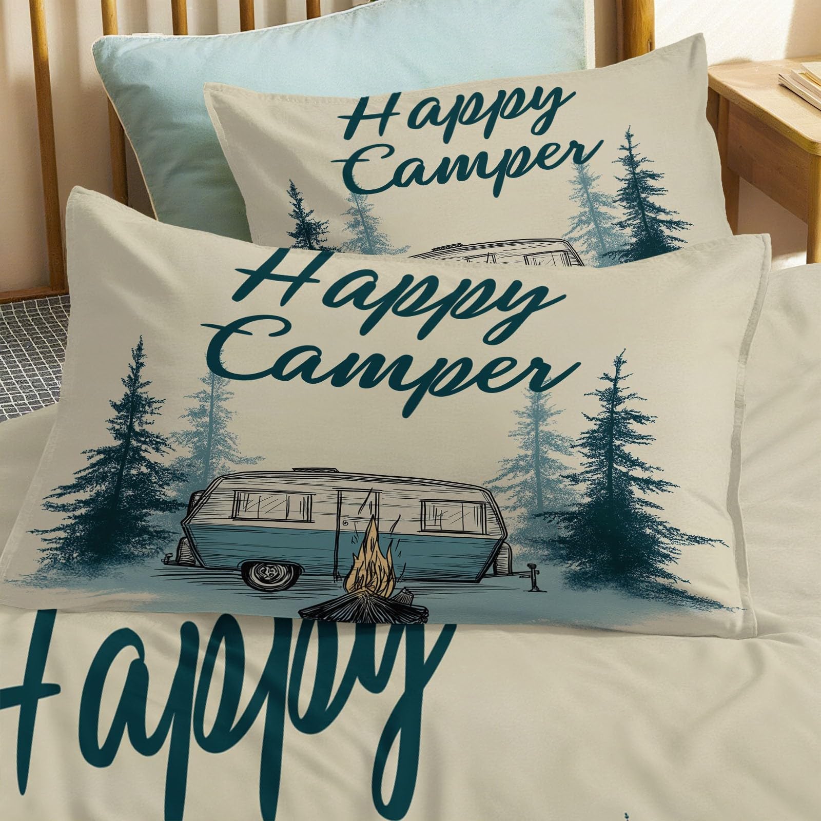 King zestaw pościeli kempingowej Van Bonfire Trees dwustronna poszewka na kołdrę 230 x 220 cm, ultrasoft, hipoalergiczna, nie wymaga prasowania, styl retro, luksusowe zestawy pościeli z zamkiem