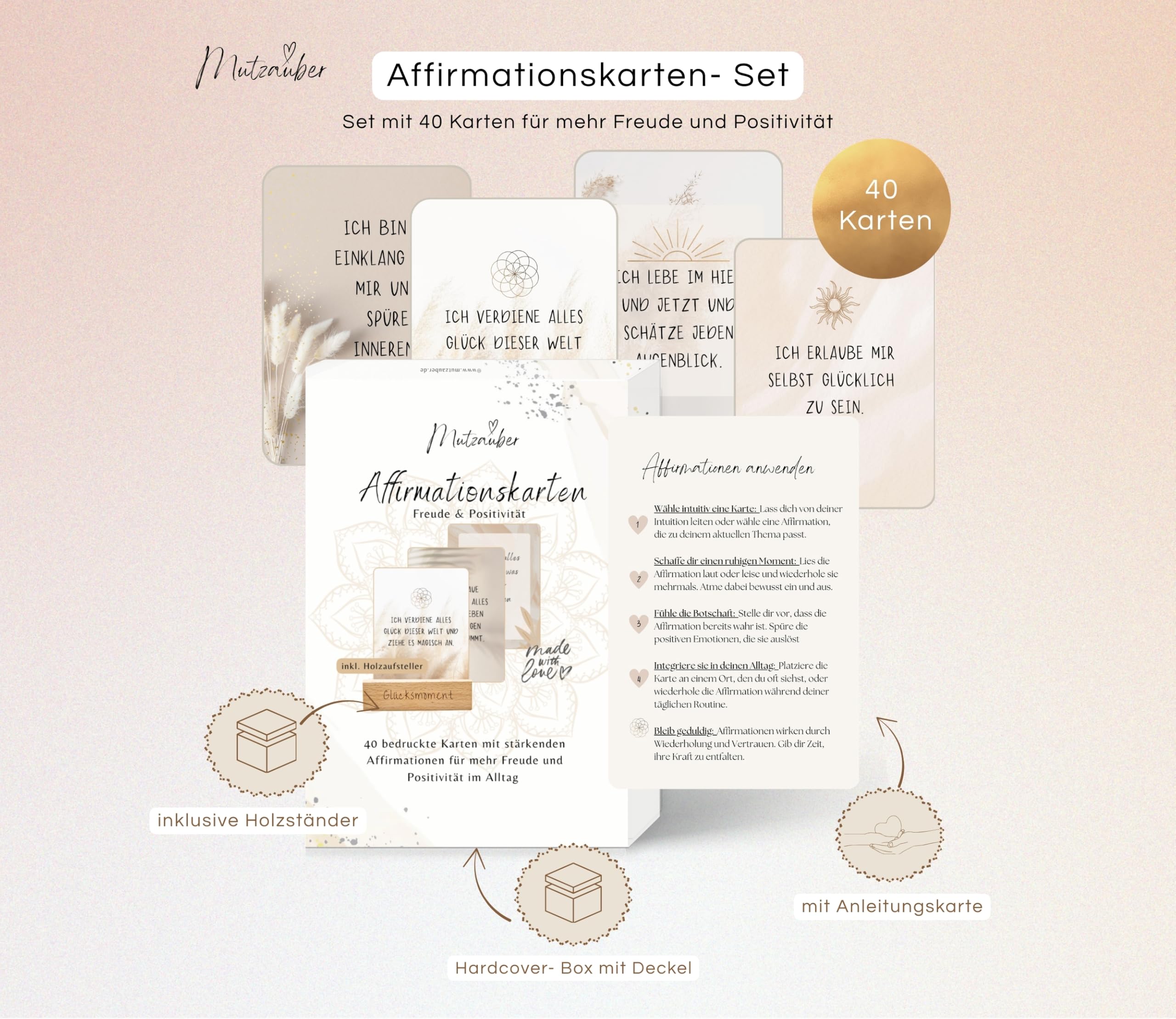 40 Affirmationskarten inkl. Box + Holzständer 10x12cm Motivationskarten Achtsamkeit für Erwachsene für positive Gedanken, Selbstliebe, FSC-zertifiziert (Motivation & Positivität)