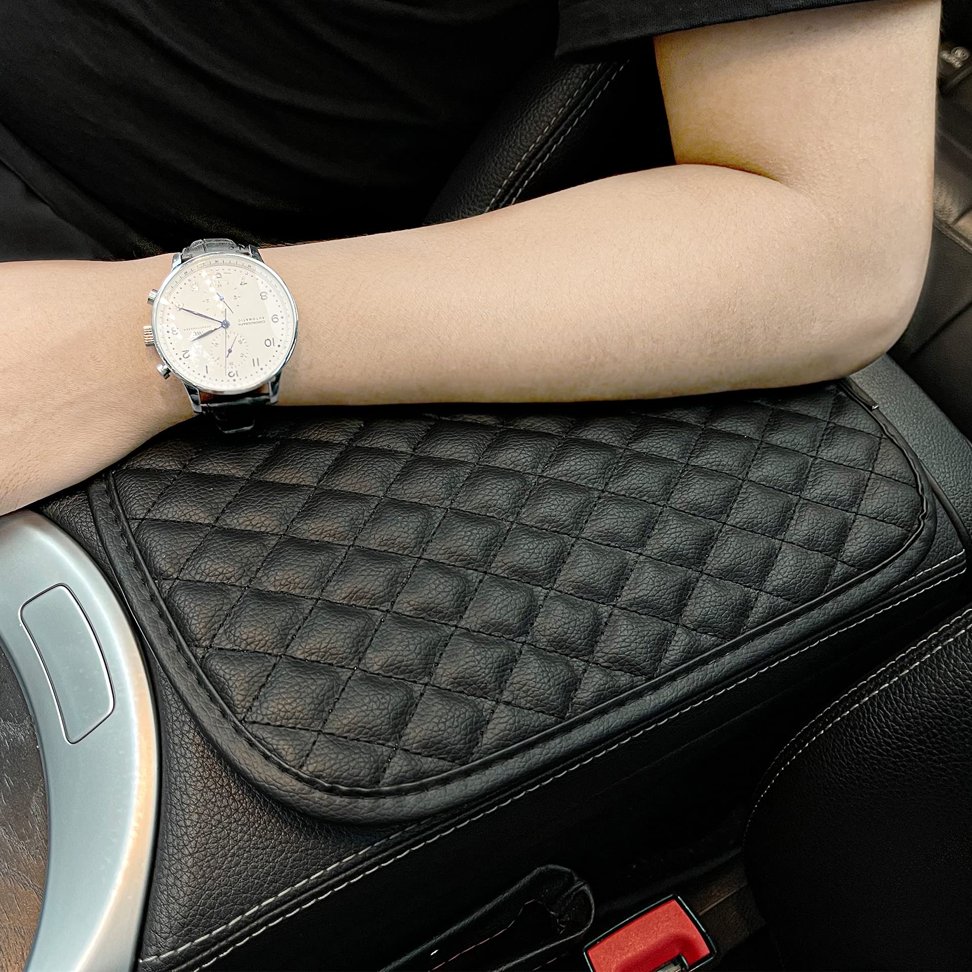 Hadwoer Center Console Pad, Black Universal Waterproof PU Leather Car Armrest Seat Box Cover Protector for Most Vehicle, SUV, Truck, Car