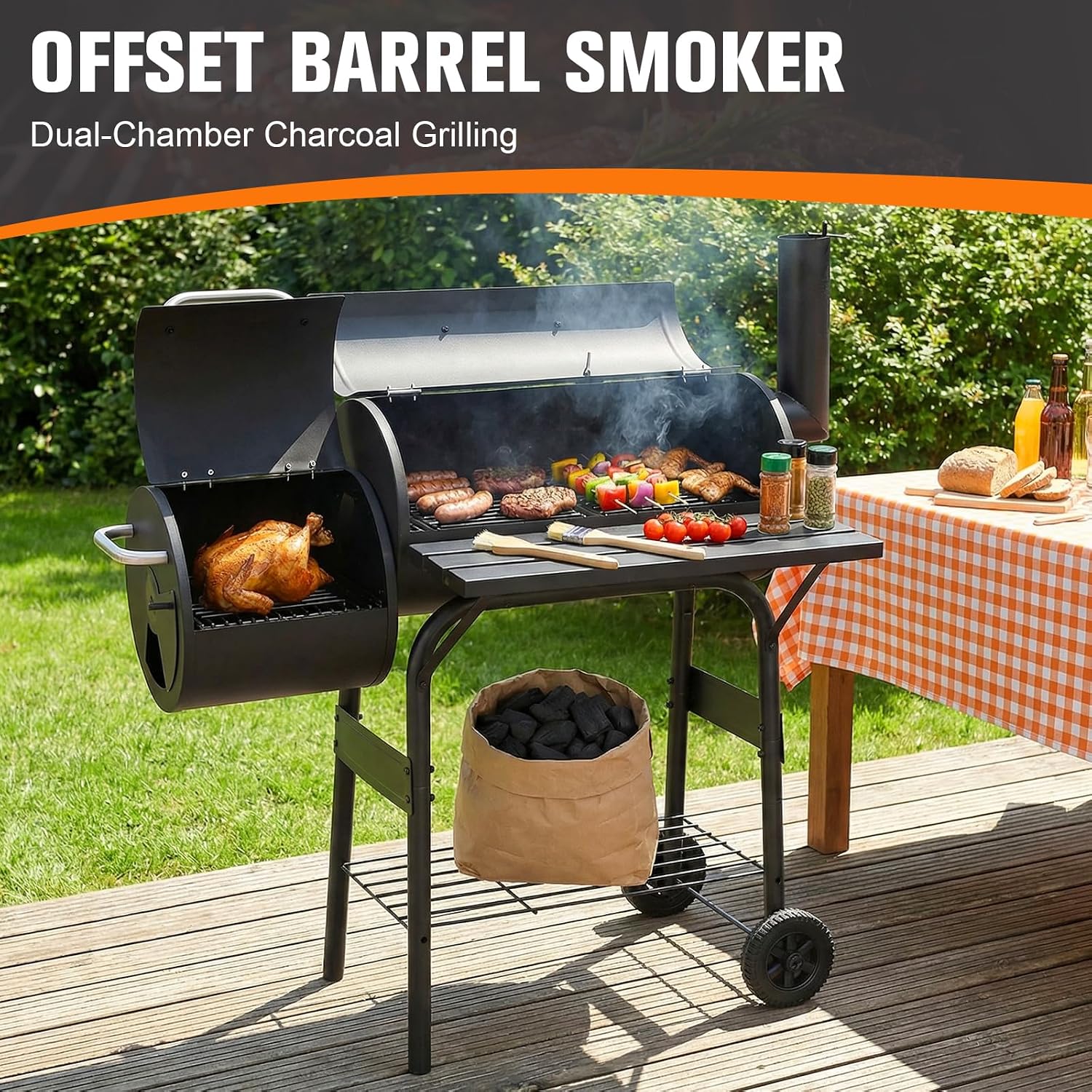 Extra Large Smoker Grills, 192 Sq. In. Cooking Space Spacious Barrel Charcoal BBQ Grill for Patio, Picnics, Camping & Backyard Cooking