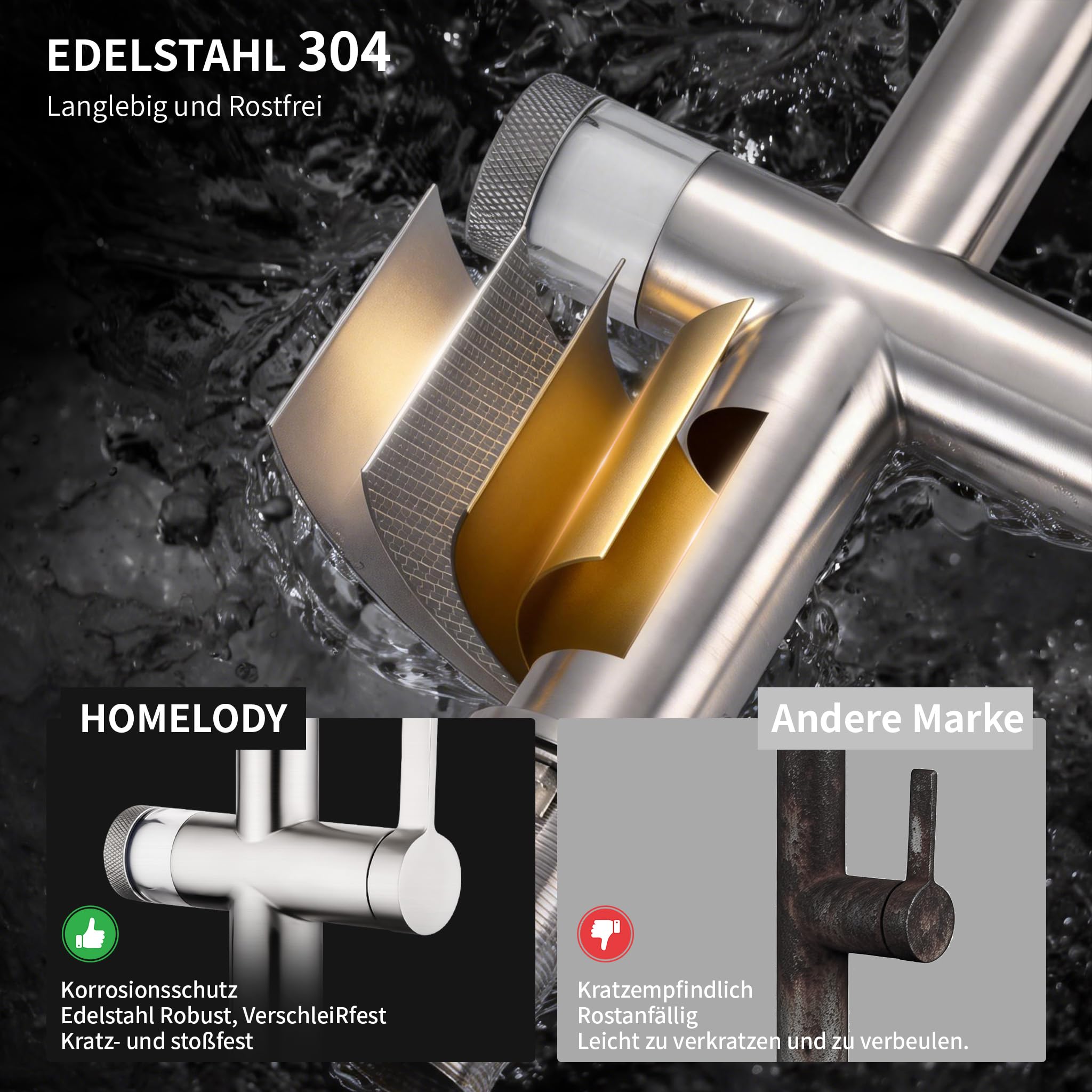 HOMELODY Wasserhahn Küche mit Filter, Hoher Bogen Küchenarmatur mit Ausziehbarer Brause, 360°Drehbar 2 Sprühfunktionen, Magnetrückstellung Mischbatterie Spültischarmatur Küchenarmaturen Chrom/Schwarz