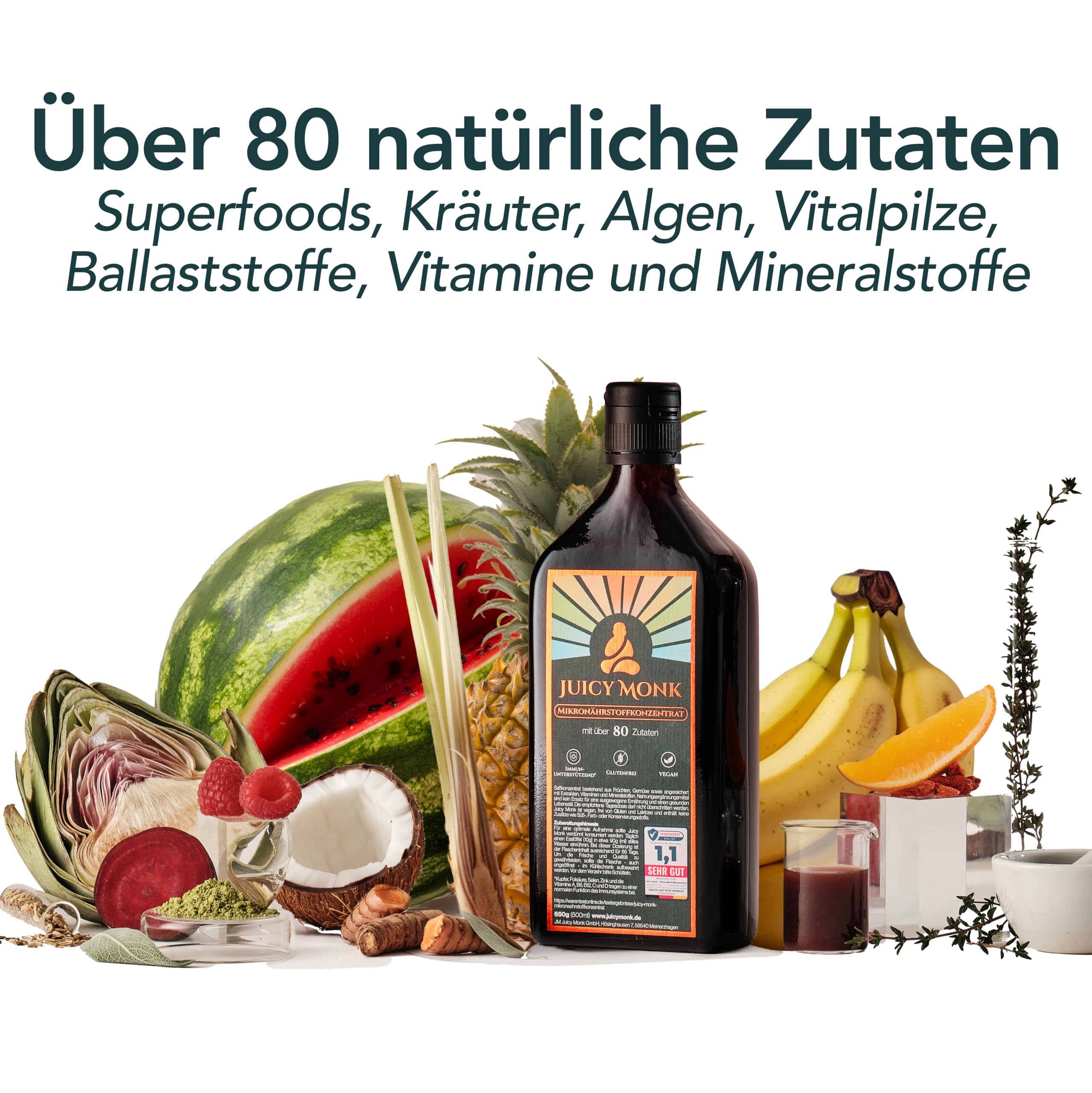 Juicy Monk Mikronährstoffkonzentrat | 80+ natürliche Zutaten | 650g für bis zu 65 Portionen | Flüssiges Frucht- & Gemüsesaftkonzentrat mit Vitamine, Mineralien & Ergänzungsmittel | Vital Drink