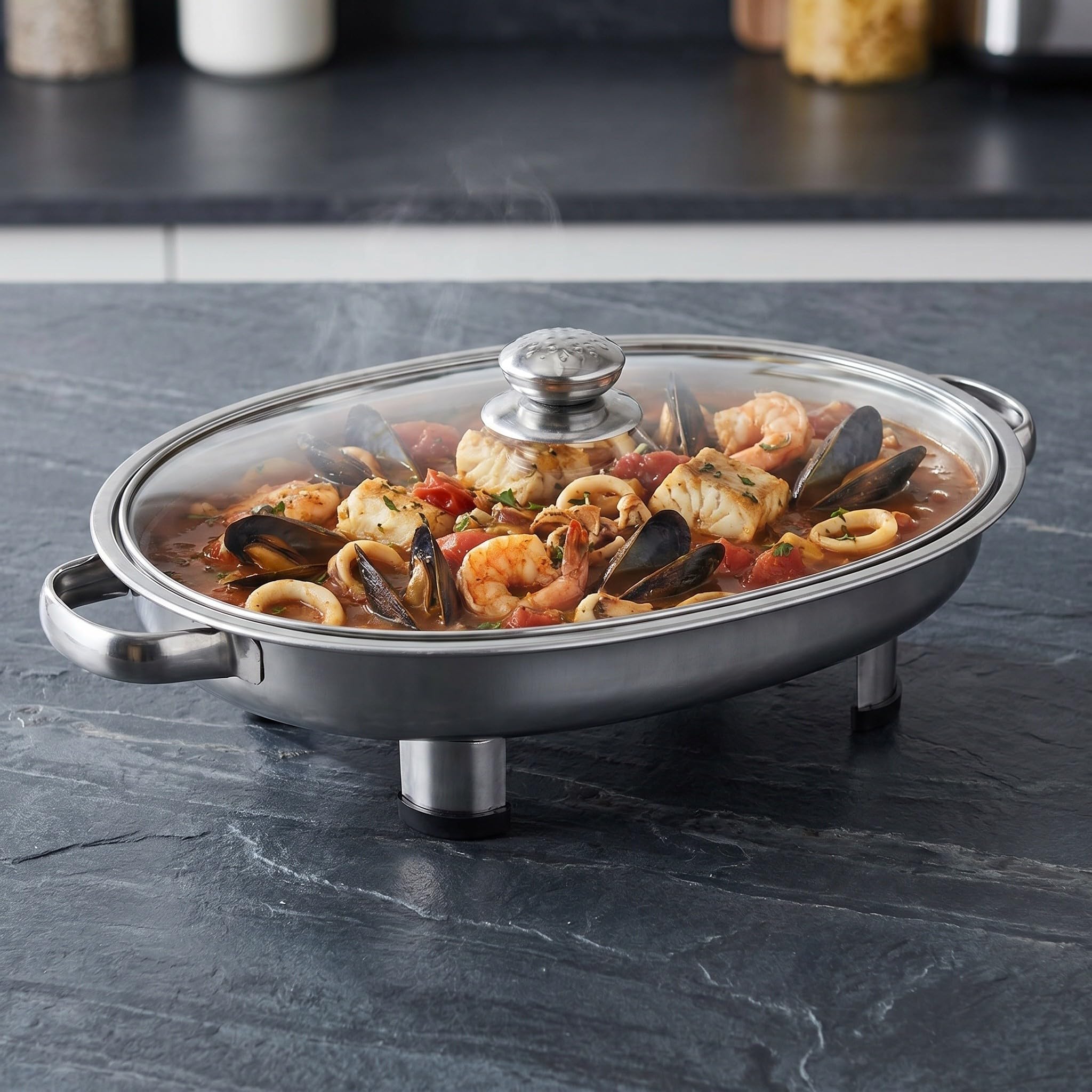 2 Set Vassoio a Forma Ellittica in Acciaio Inox