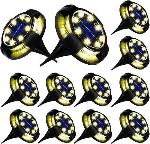 Luces solares de suelo para exteriores, 12 paquetes de 12 luces LED de disco, alimentadas por energía solar, impermeables, nuevas luces en el suelo