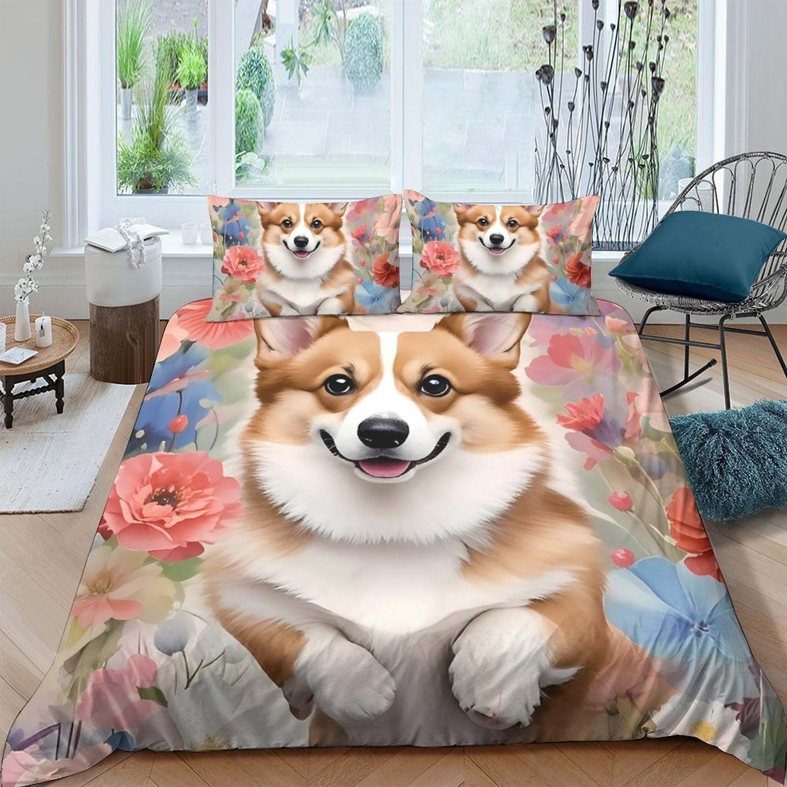 Ctjqhvkz Style-1 3D Printed Corgi Floral Fitted Sheet Microfiber Bedroom Decor Mattress Cover For Adults Youth Easy Care Single（135X200cm）