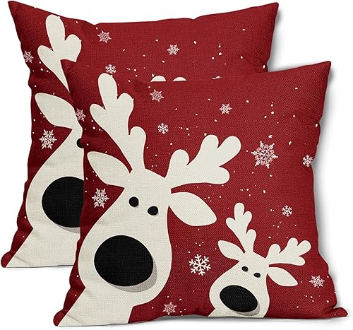 aportt Juego de 2 fundas de almohada de Navidad de ciervos de 16 x 16 pulgadas, diseño de reno rojo con copos de nieve y renos, para decoración del