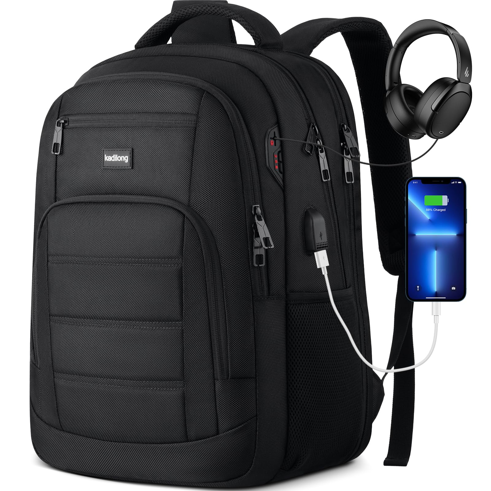 kadilong School Backpacks for Teen Boys Laptop Backpack Men,Bookbag College Computer Bag with USB Charging Port for Work Business Middle High School Student,Black