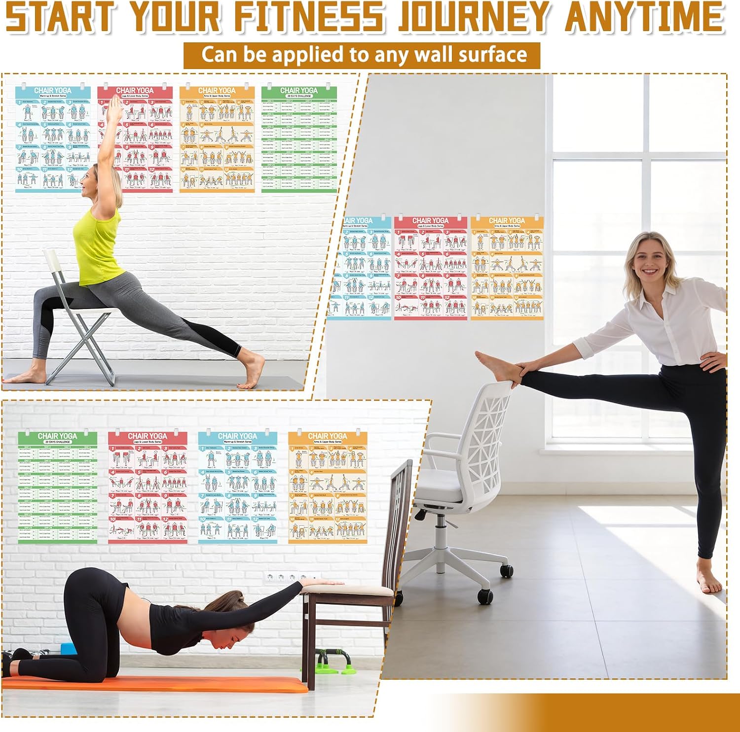 Chair Yoga Poster Set for Seniors & Beginners-3 Illustrated Guides,1 28-Day Challenges, 8 Double-Sided Clips &1 Dry-Erase Marker, 36 Poses Wall Chart Includes Postures, Instructions & Breathing Tips thumbnail