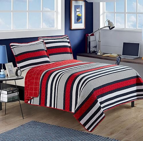 All American Collection Juego de edredón de 2 piezas moderno y contemporáneo suave y cómodo para dormitorio (rojoazul marino, individual)