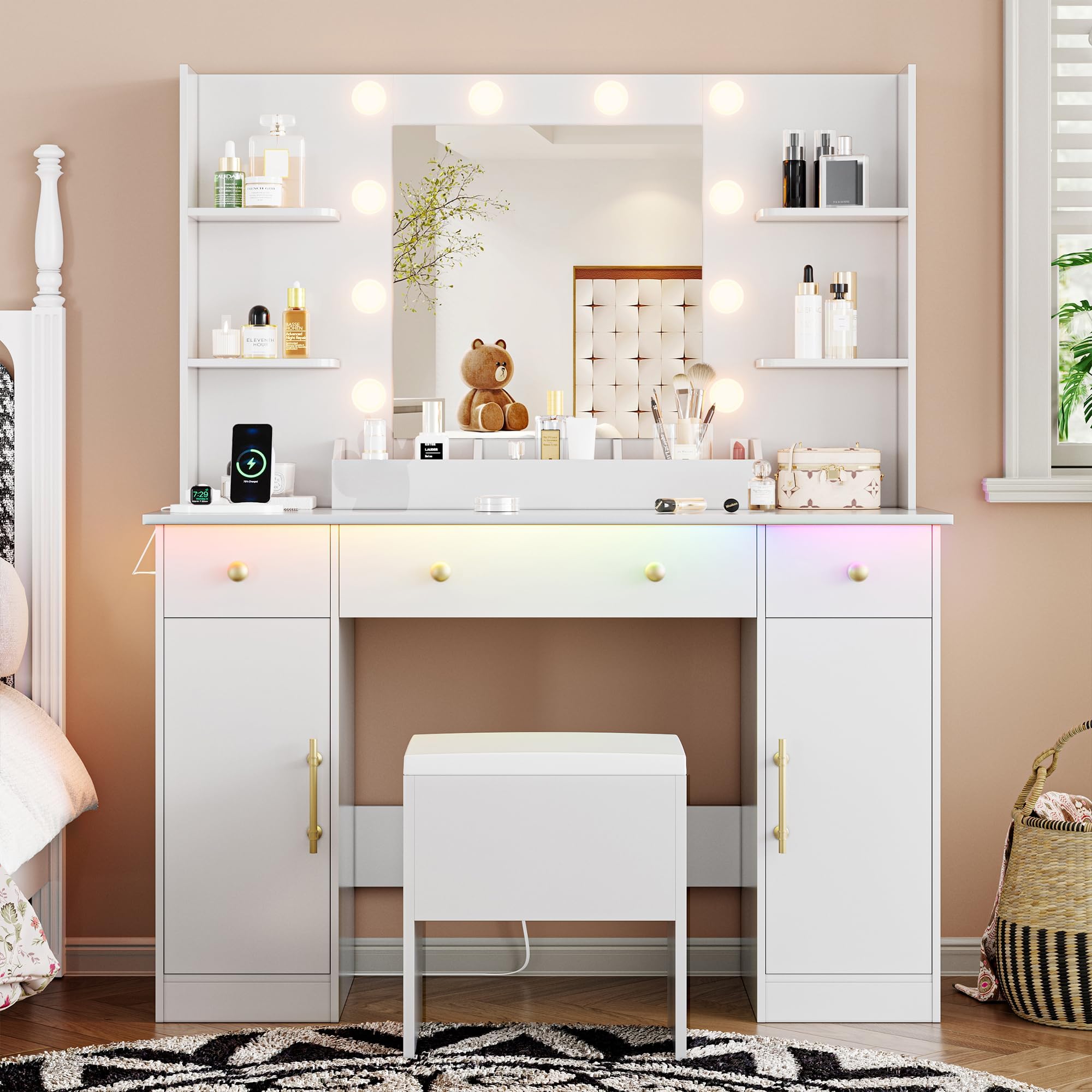 Xixini Vanity Desk with Mirror and Lights, 43'' White Makeup Dressing Table Set with 5 Drawers & Chair, Power Outlet, 3 Lighting Modes Adjustable Brightness & RGB LED for Women Girls Bedroom Bathroom