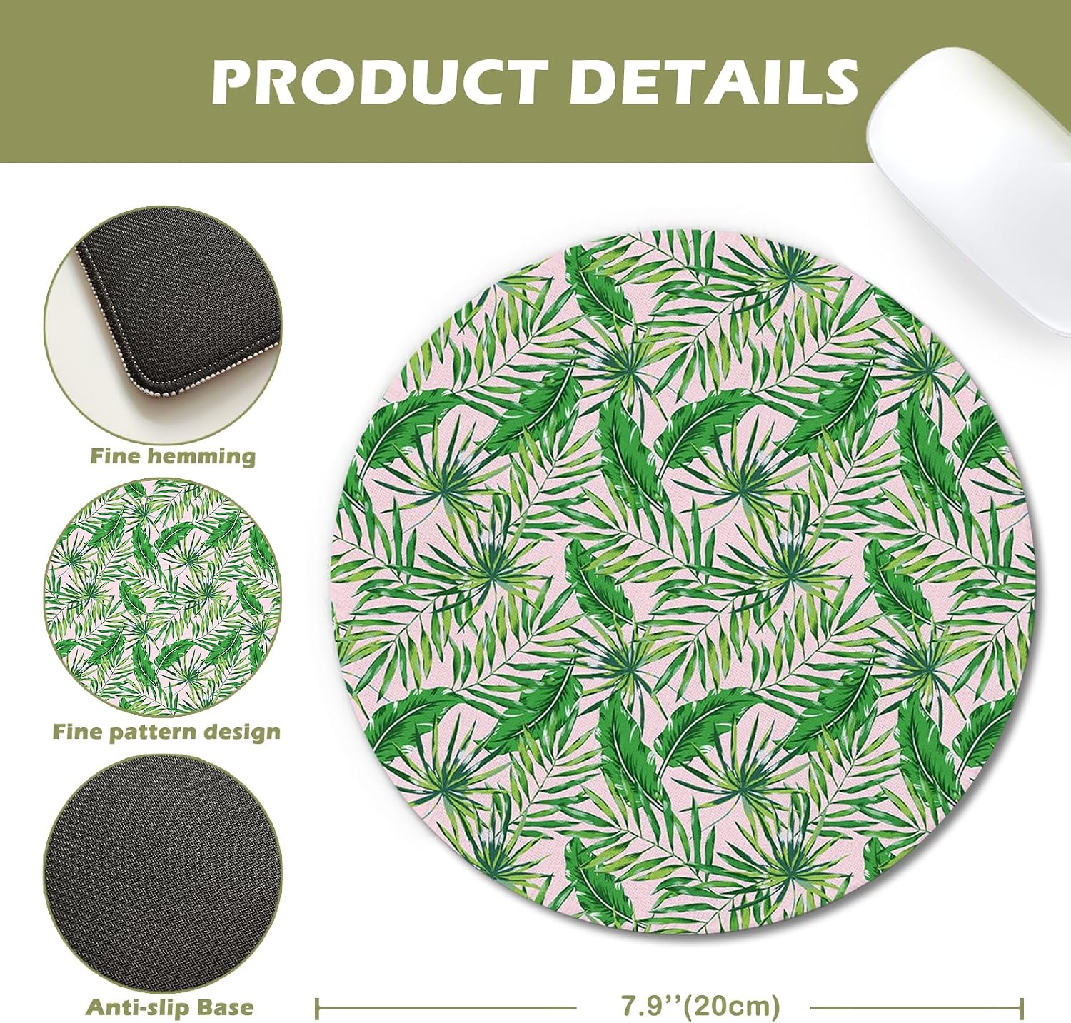 Pink and Green Tropical Palm Leaves Round Mouse Pad 7.9x7.9in image 2