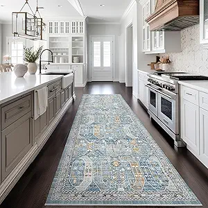 Madane Runner Rug 2x8, Washable Hallway Runner Rugs, Non-Slip Low-Pile Soft Kitchen Rug Runner Laundry Room Rug, Vintage Throw Entry Foyer Mat for Entrance Living Room (Blue/Gold, 2 x 8)