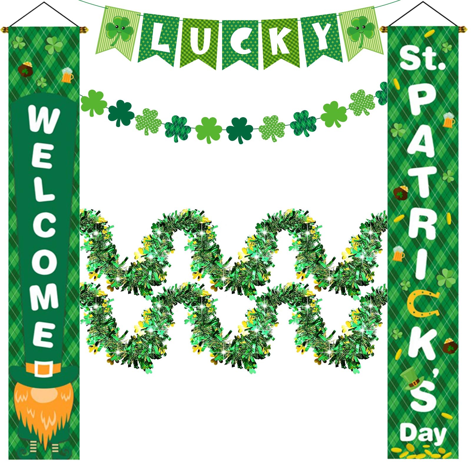 Bzhouyy St. Patrick's Day Decorations Set - Lucky Banner, Hanging Porch Sign & Green Tinsel Twist Shamrock Garland, Irish Leprechaun Themed Hanging