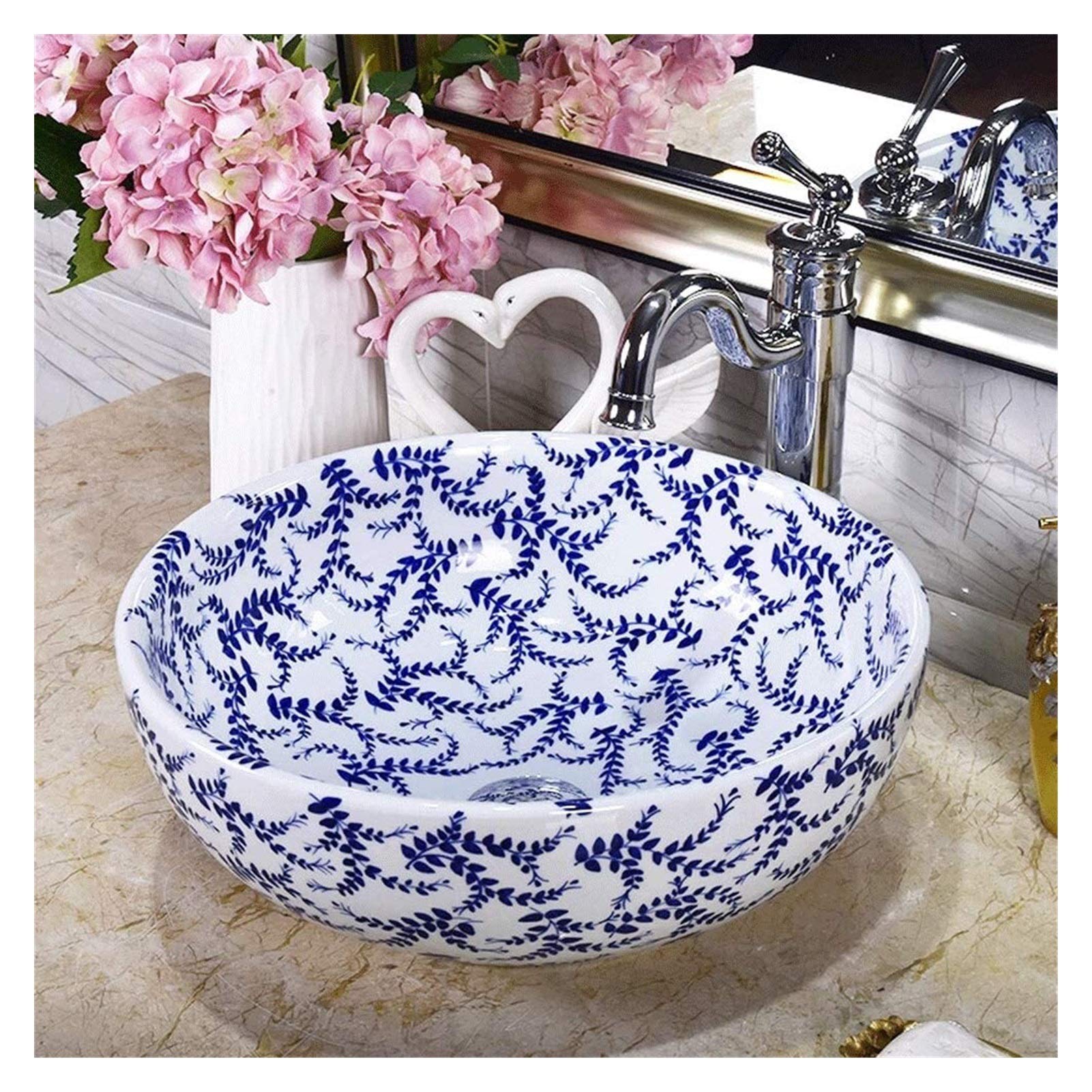 Éviers, lavabo de salle de bain évier de luxe hôtel art évier moderne rond en céramique lavabo de salle de bain au-dessus du comptoir Art bol en porcelaine peint à la main motif feuilles lavabo