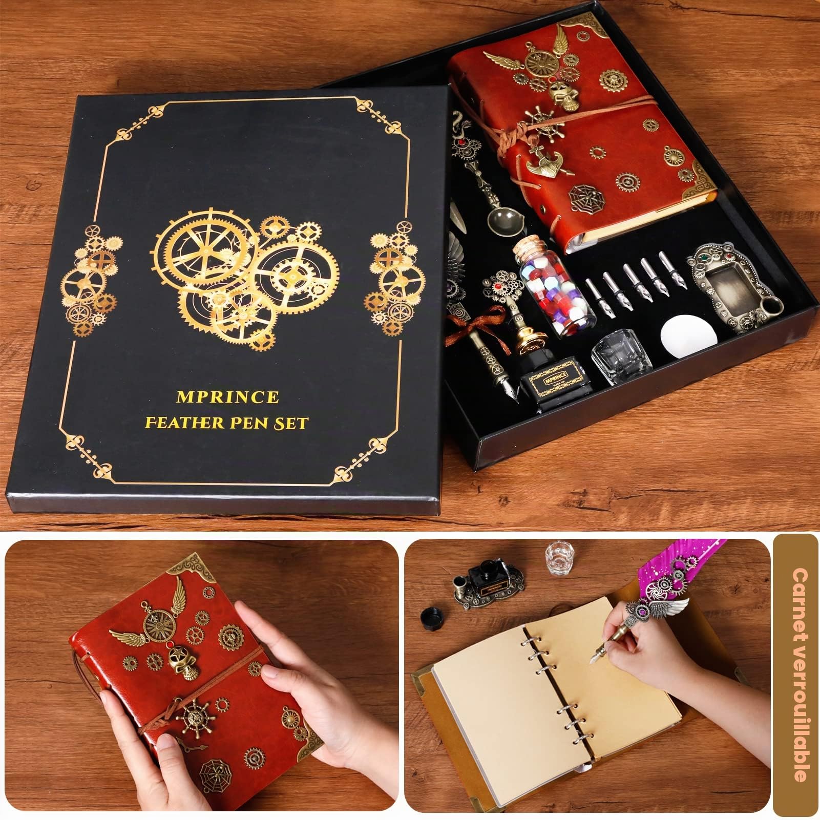 MPRINCE Lot de 5 stylos à plume en cuir - Avec stylo à quille,carnet de notes,5 plumes interchangeables,tampon à sceau(violet)