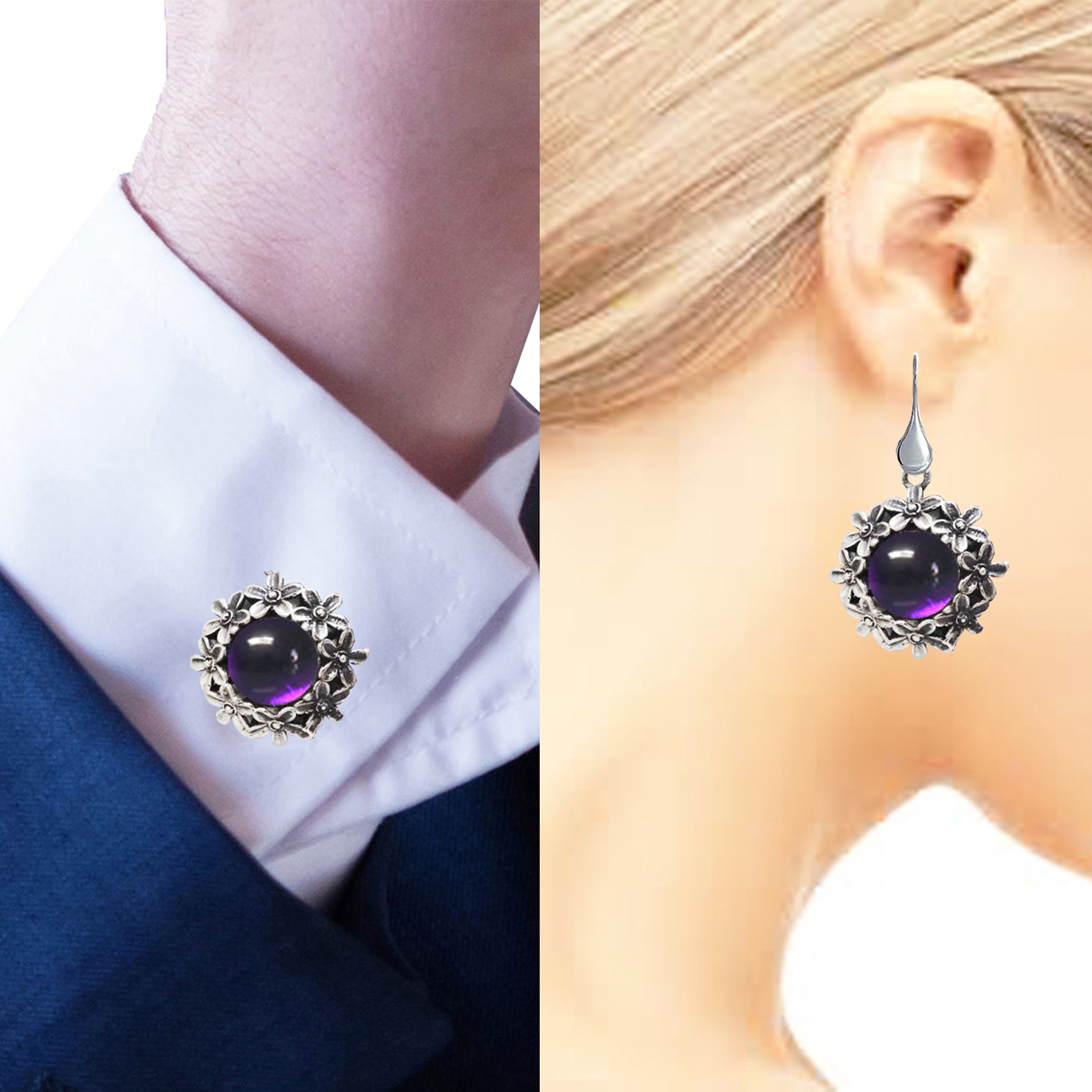 Men's Cuff links And Women Earrings Matching Double set Amethyst Sterling Silver Gemstones Handmade, Vintage Style Gift