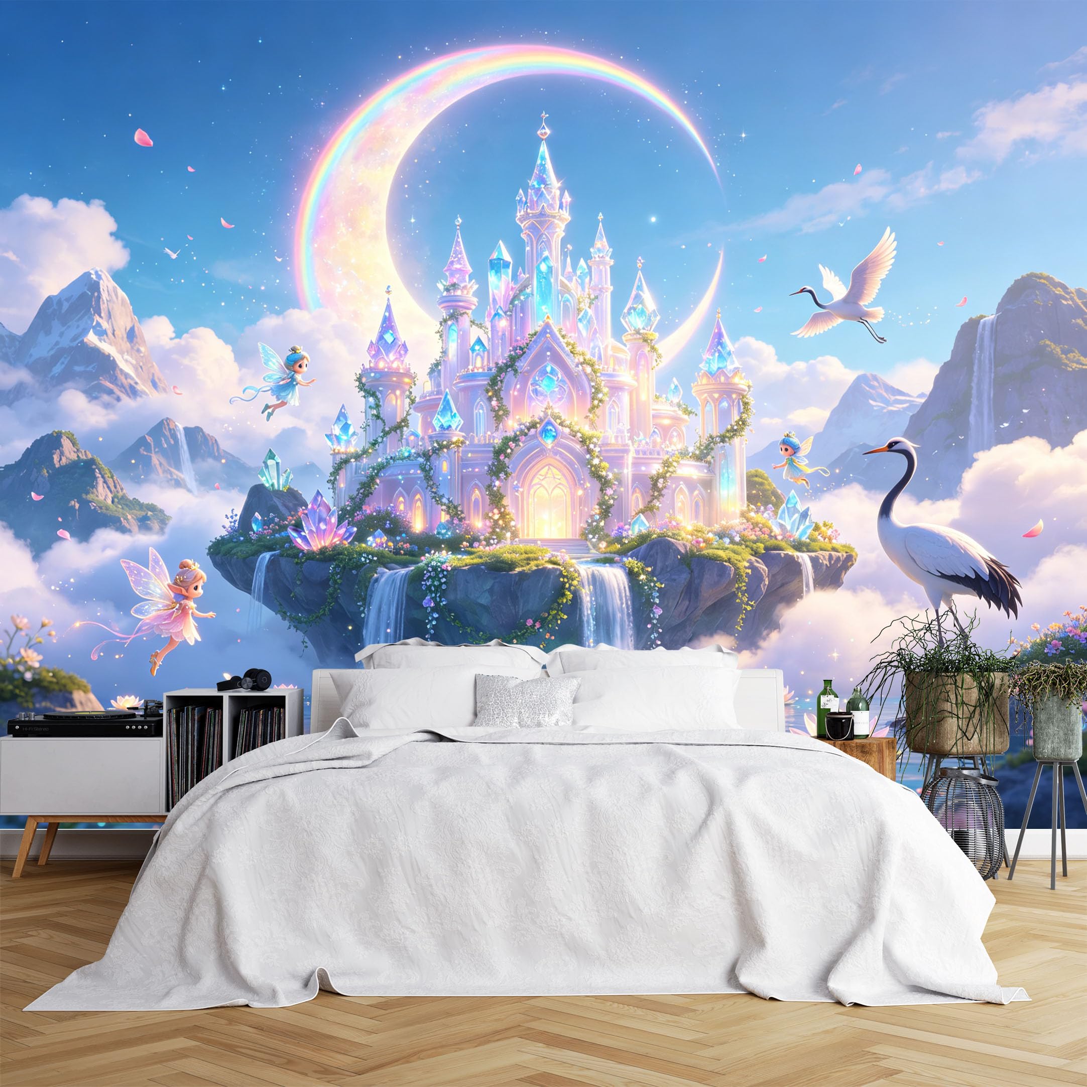 Custom Size Wall Murals Fairy Castle with Rainbow and Cranes Wallpaper, Vivid Self-Adhesive Removable Wallpaper for Living Room, Kids Room