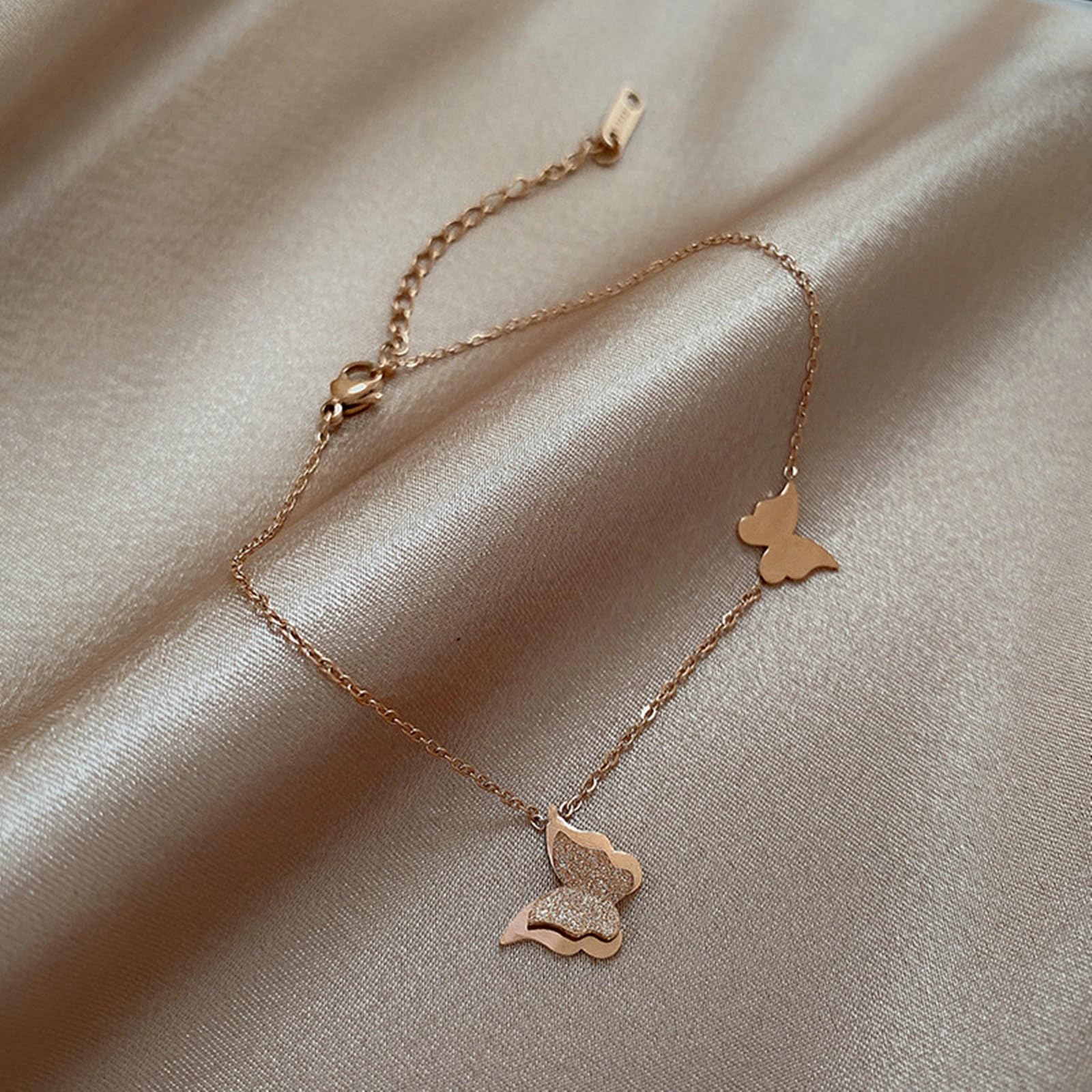 Fußkettchen Jugendliche 9 Karat Rose Gold 375, 9K Rosegold Doppel Schmetterling Fußkette Urlaub Armbänder für Mädchen für Damen, 25cm Länge