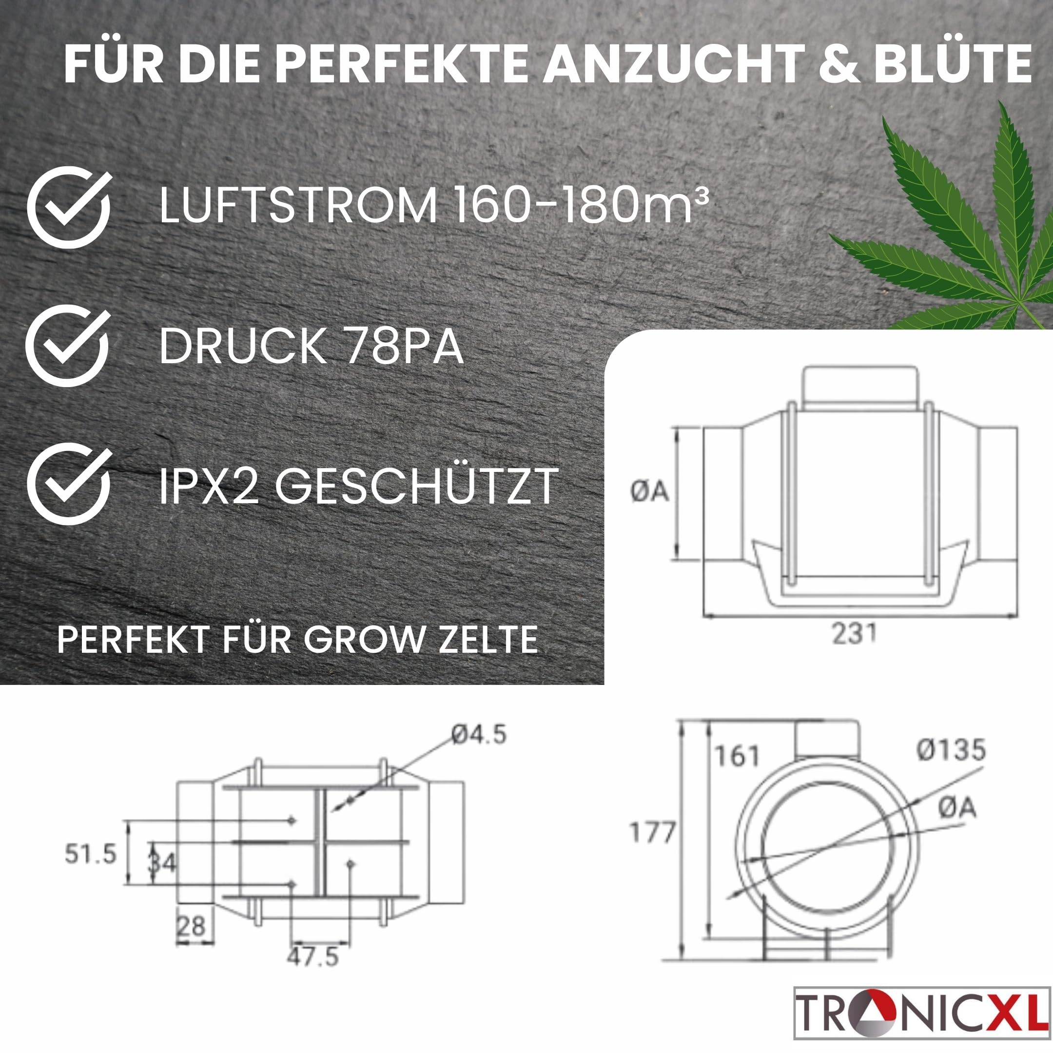 TronicXL Turboventilator Axial Rohrventilator regelbar mit Ein Ausschalter und Kabel 100mm leise Rohrlüfter Abluftventilator Abluft Zuluft Grow Lüfter Ventilator für Homebox Growbox Growschrank