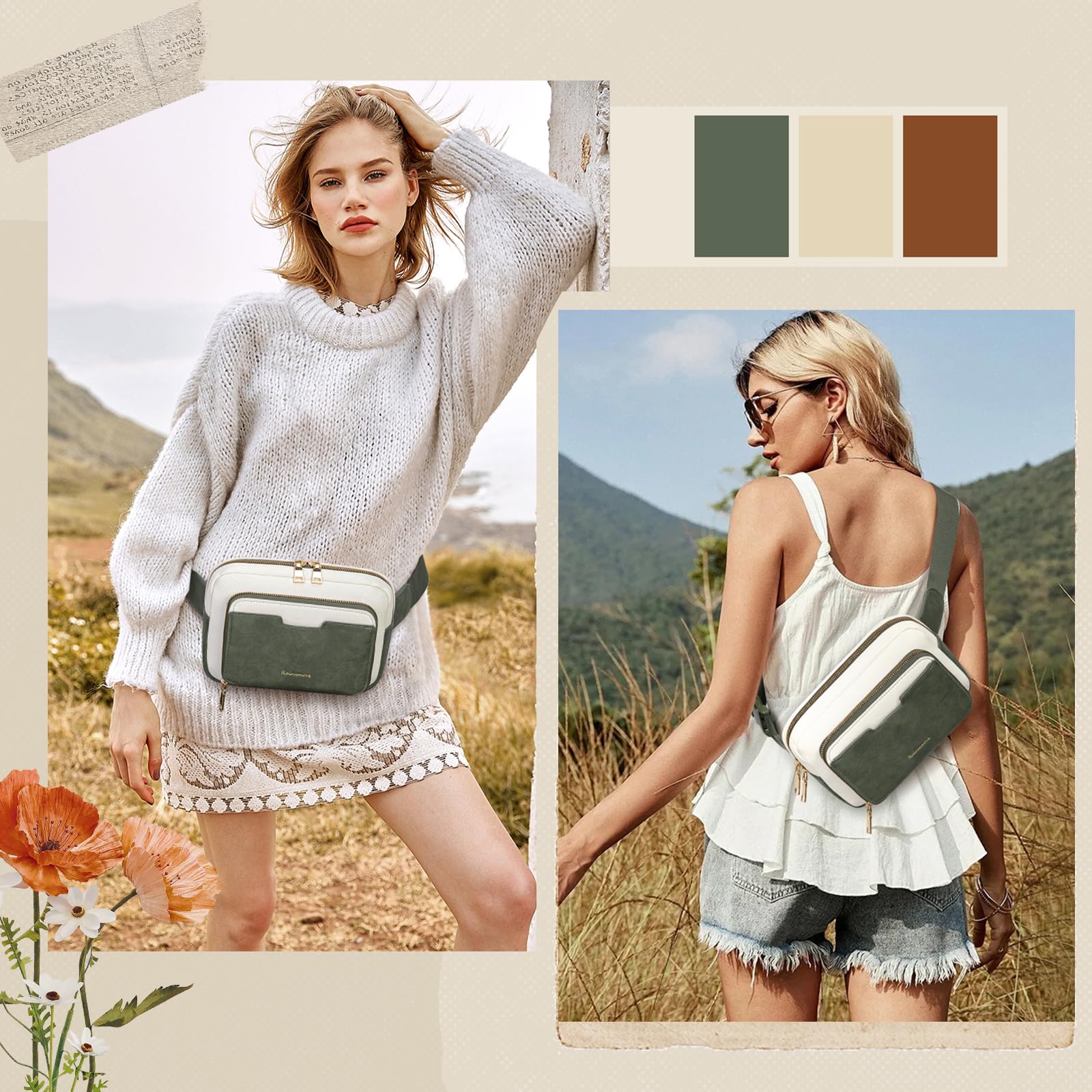 RAINSMORE Sacs banane pour femme, sac banane vintage en cuir Everywhere, Vert foncé avec blanc, Moyen