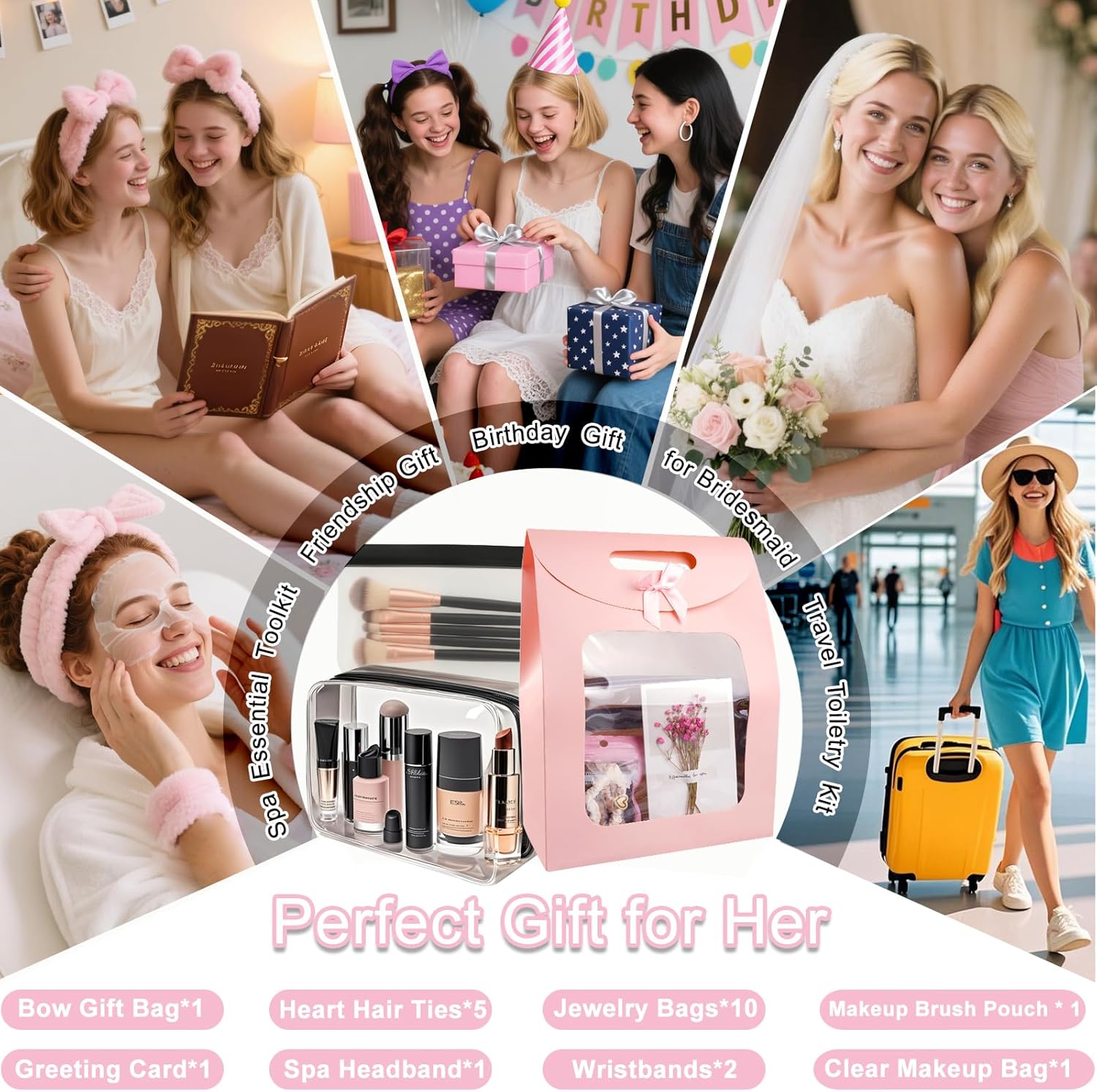 22 PCS Spa Gift Set for Women, Cosmetic Bag with Headband & Wristband | Makeup Organizer, Jewelry Bags, Hair Ties & Card | Best Friends, Birthday, Christmas, Thanksgiving & White Elephant Gifts