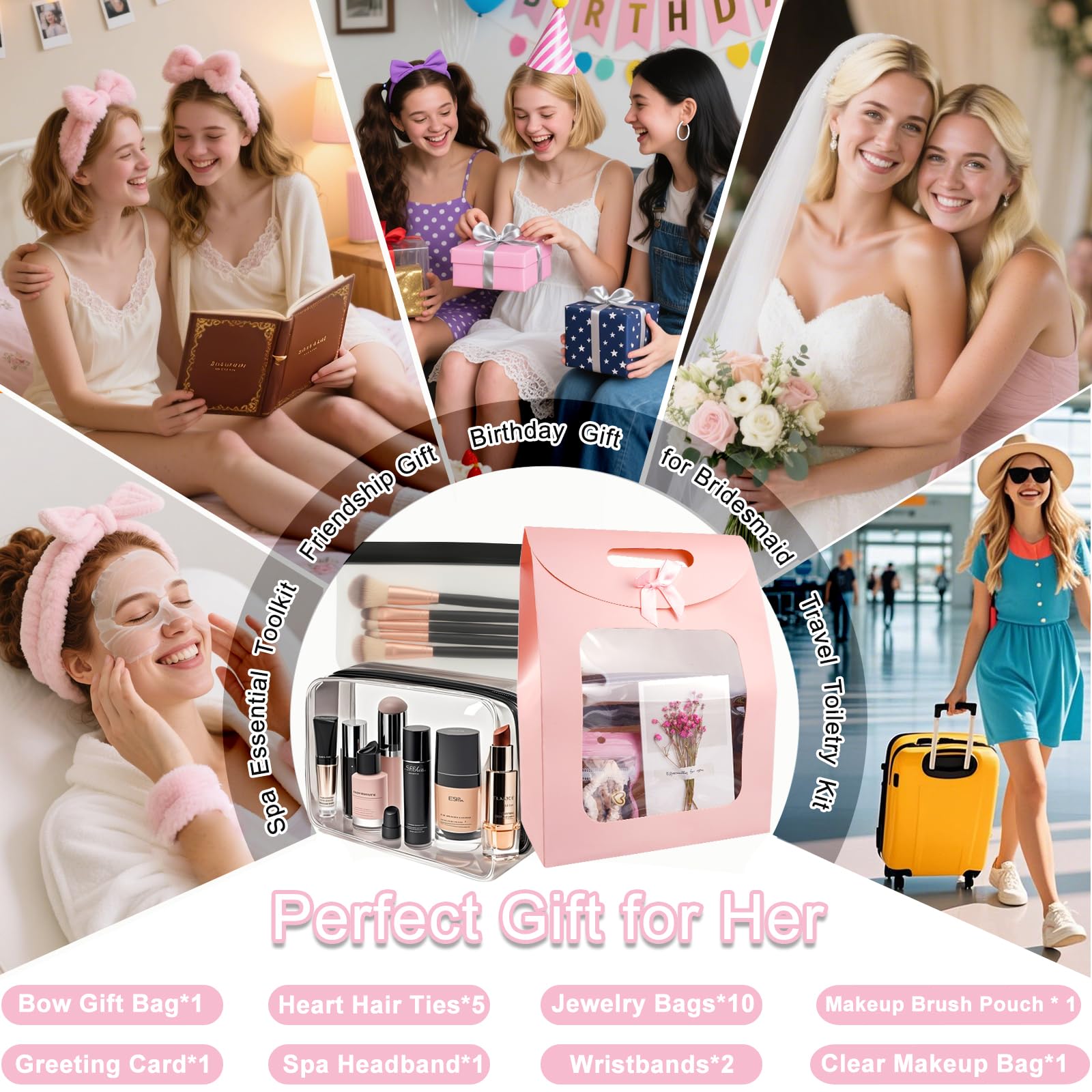 22 PCS Spa Gift Set for Women, Cosmetic Bag with Headband & Wristband | Makeup Organizer, Jewelry Bags, Hair Ties & Card | Best Friends, Birthday, Christmas, Thanksgiving & White Elephant Gifts