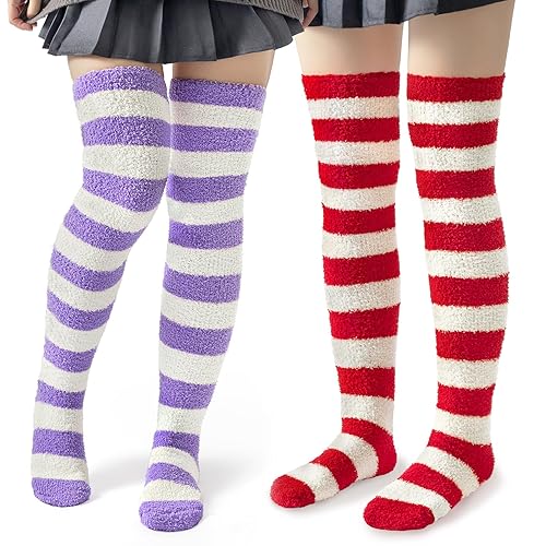 Littleforbig Cute Coral Fleece Knee High Long Striped Socks 2 Pairs - Large - Purple/White & Red/White