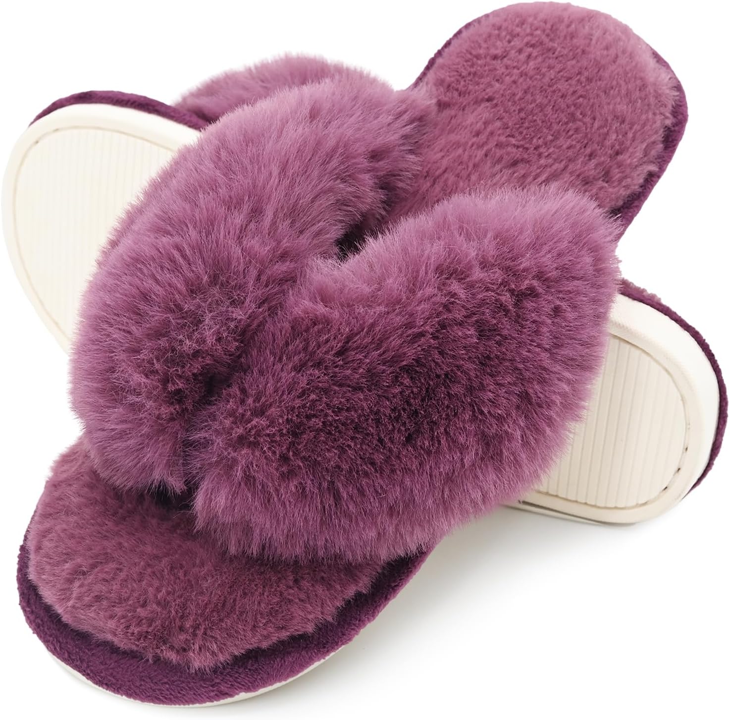 Onmygogo Plush Indoor Flip Flop Thong Slippers for Women Open Toe, Fuzzy Faux Fur Spa House Slippers