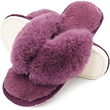 Onmygogo Plush Indoor Flip Flop Thong Slippers for Women Open Toe, Fuzzy Faux Fur Spa House Slippers