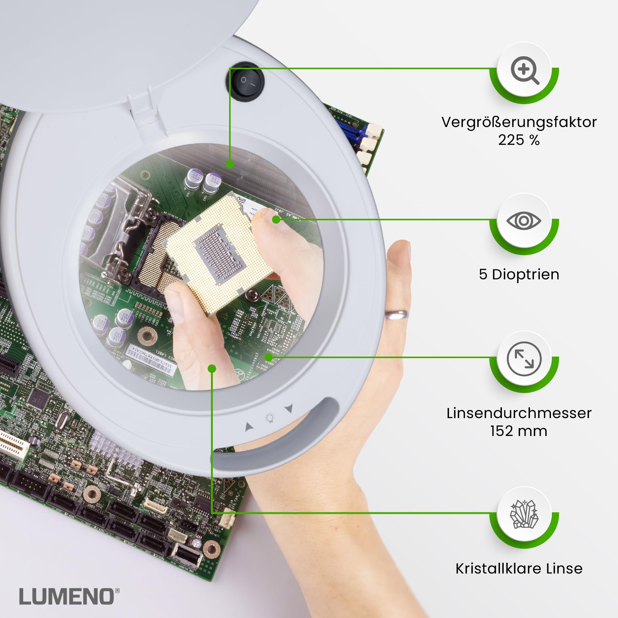Lumeno dimmbare LED Lupenleuchte 8515GR 152 mm Echtglaslinse 5 Dioptrien einstellbare Helligkeitsstufen Grau