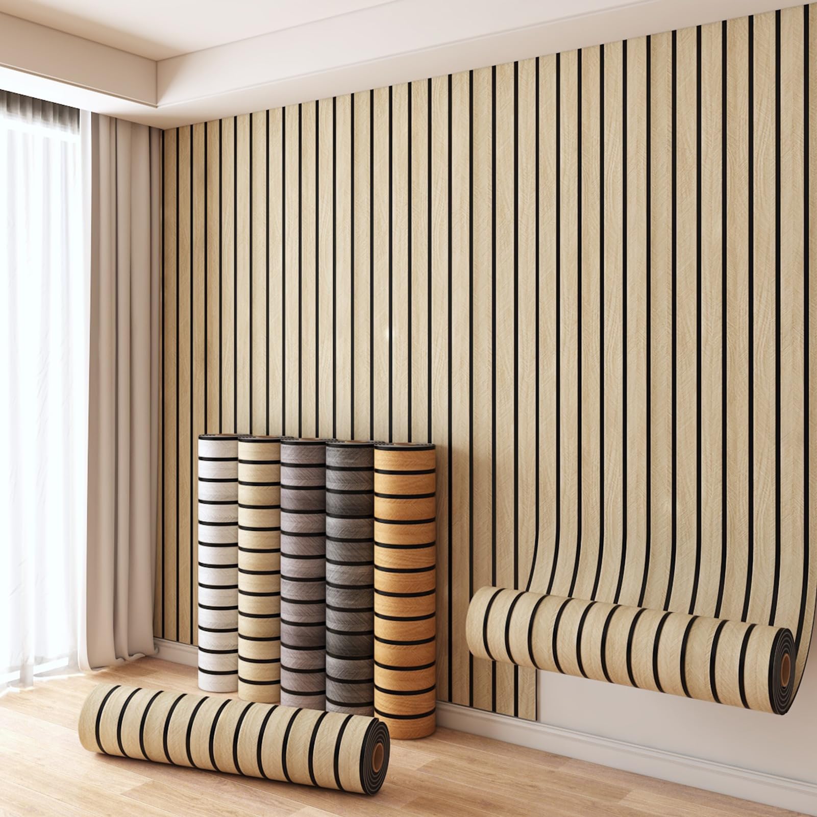 Self-Adhesive Wood-Look Wallpaper 2mm Thick Acoustic Panels Wood Wall 3D Effect Scandinavian Wood Panels Wood Wall Waterproof Peel and Stick Wall Panels for Living Room,Wood,2 Rolle 300x40cm
