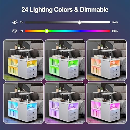 Miniatura 26 de HNEBC Mesita de noche con estación de carga inalámbrica, la mesita de noche LED tiene una estación de trabajo giratoria ajustable, mesita de noche 1