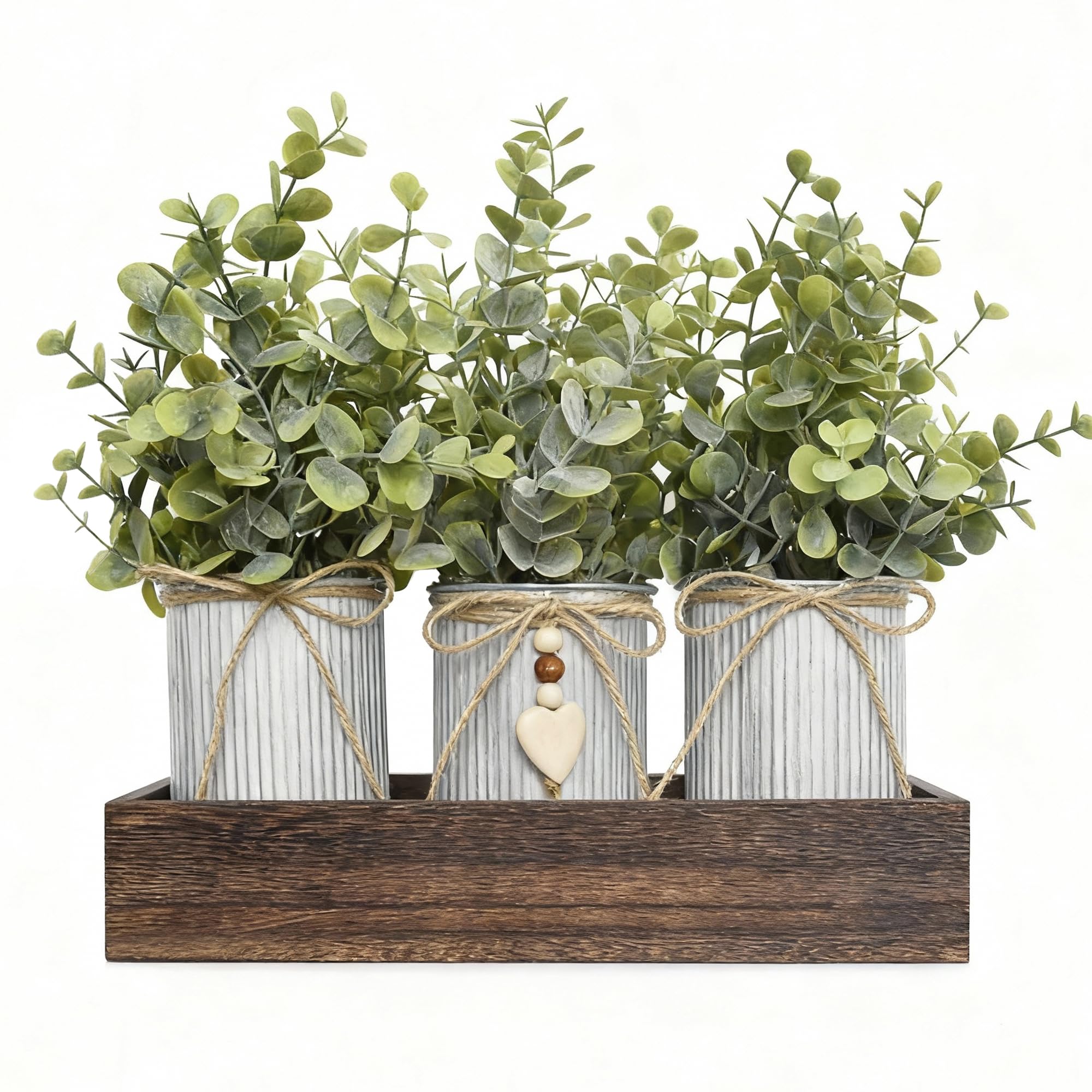 Centrotavola decorativo con fiori artificiali, composizione tavolo eucalipto con 3 vasi in metallo rustico e vassoio in legno per la casa di fattoria