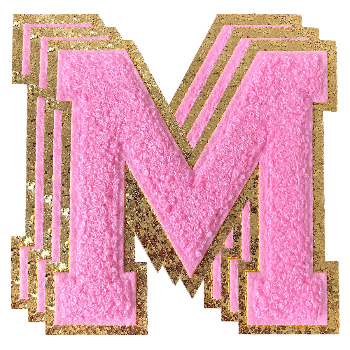 3Pcs Chenille Letter Patches Iron on Patches Glitter Varsity Letter Patches Embroidered Patch Gold Border Sew On Patches for Clothing Hat Shirt Bag (Rose, M)