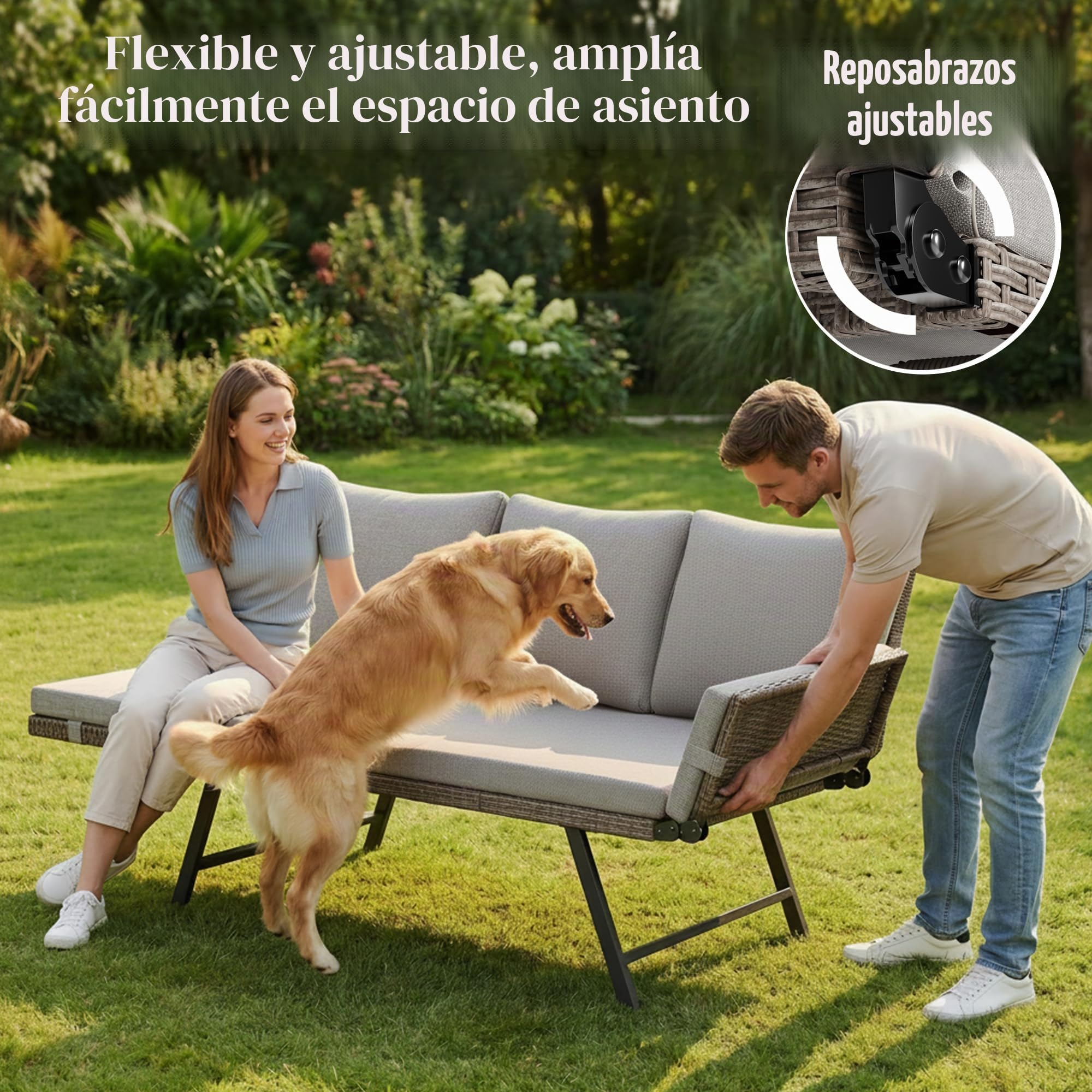 Fiutazge Sofá de Jardín de Rattan,2 Plazas con Reposabrazos Regulables,Convertible en Cama de Día,Sofa Terraza Exterior con Cojines Gruesos para Balcón,Terraza y Porche,Beige