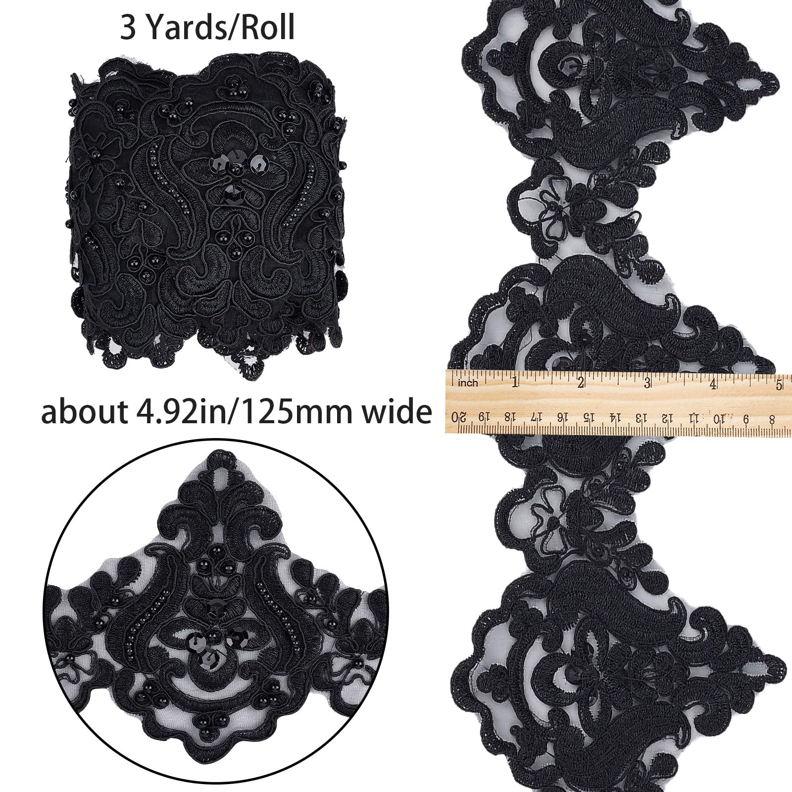 GORGECRAFT 3 iarda Nero Poliestere Pizzo Rifiniture Ricamo Anelastico Fiore Ricamato Nastro Perline Motivo A Onde Nastri per Cucito Artigianato Tenda Tovaglia Fodera Nuziale Fai Da Te Panno