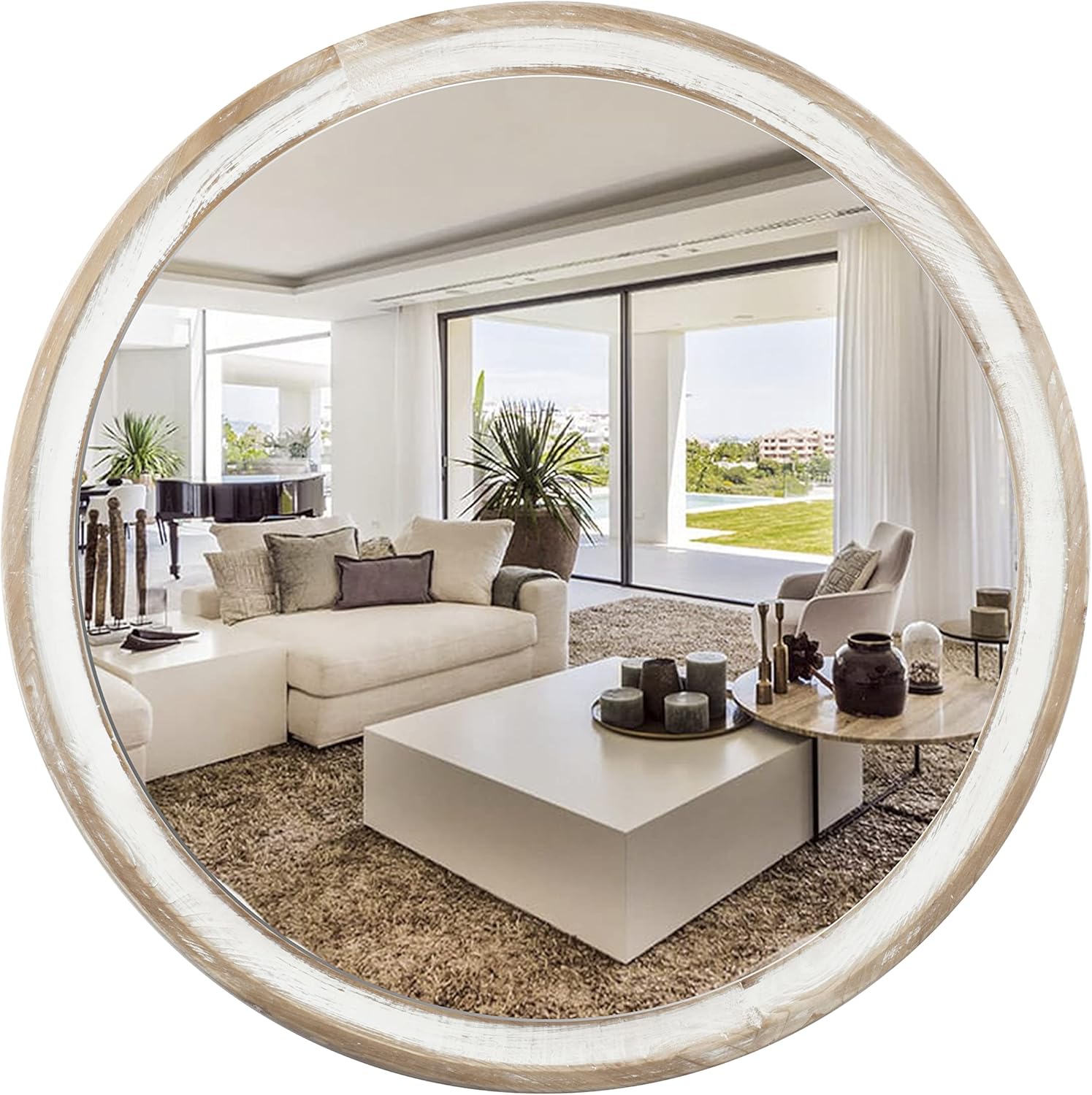 24 Inch Farmhouse Wooden Round Wall Mirror for Home Decor, Rustic Decorative Circle Mirrors for Bathroom Over Sink, Bedroom, Entryway, Living Room, Kithen, Office